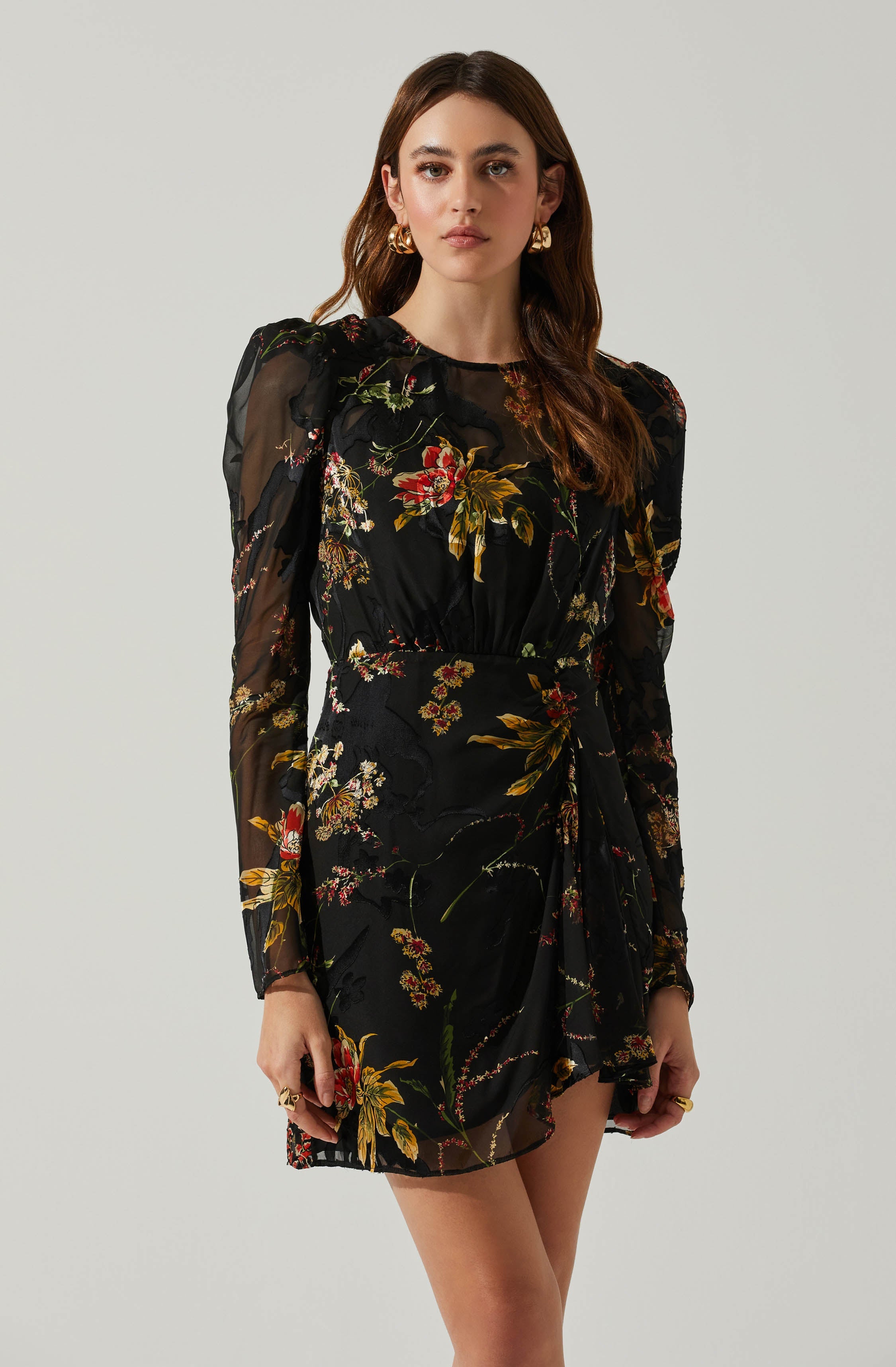 Cindy Floral Burnout Long Sleeve Mini Dress-Aljck