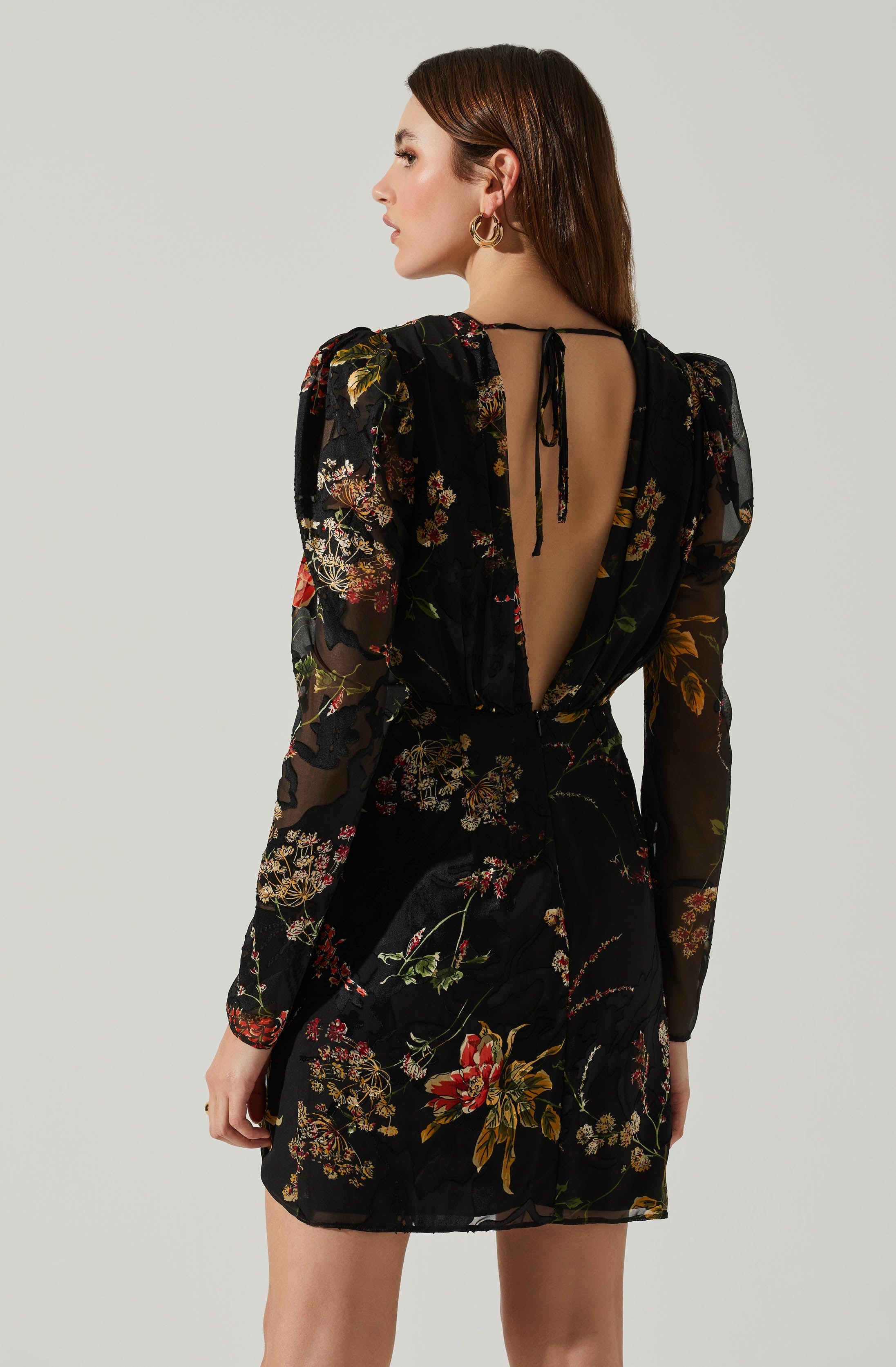 Cindy Floral Burnout Long Sleeve Mini Dress-Aljck