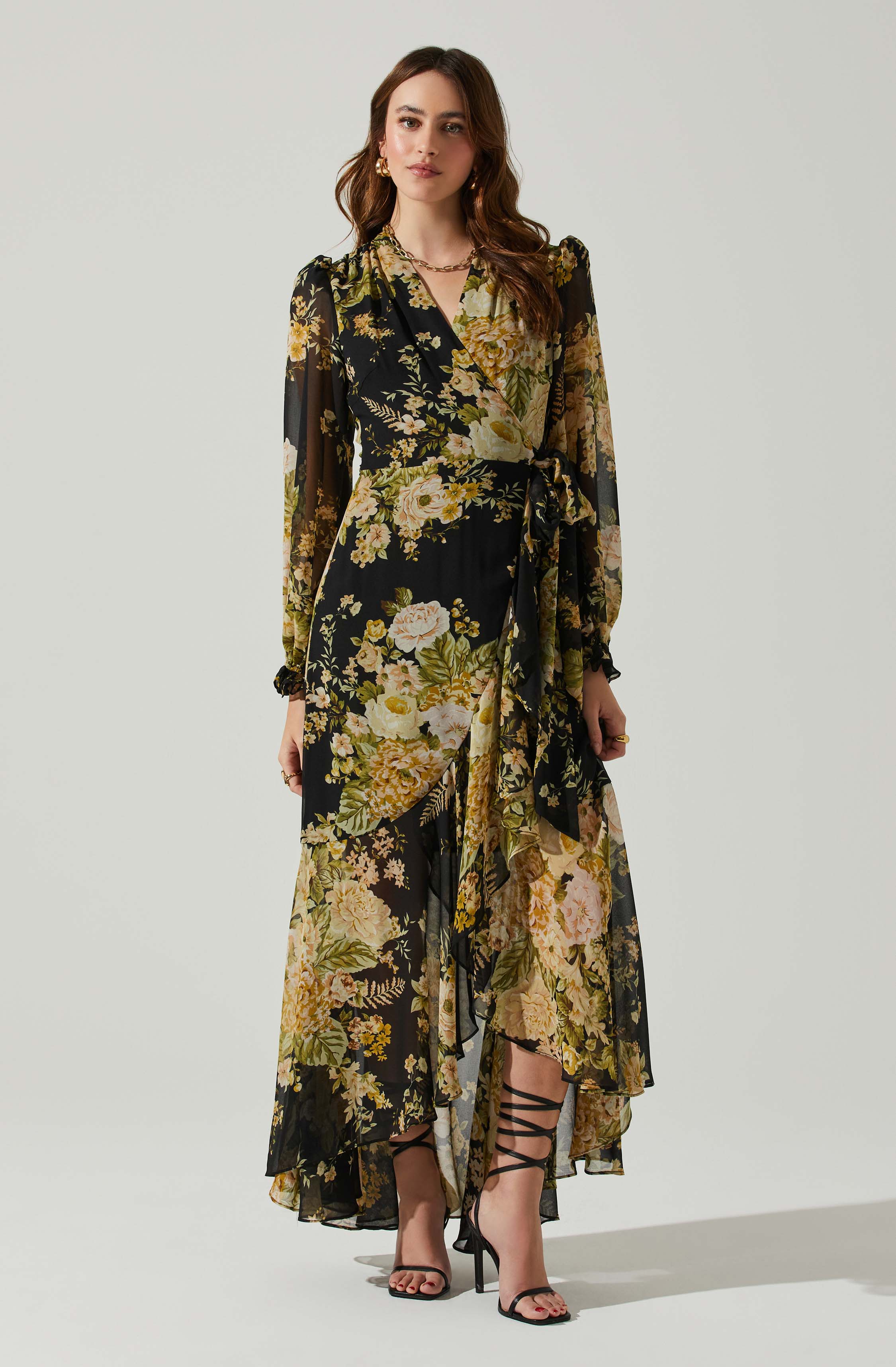 Kamila Long Sleeve Floral Wrap Maxi Dress-Aljck