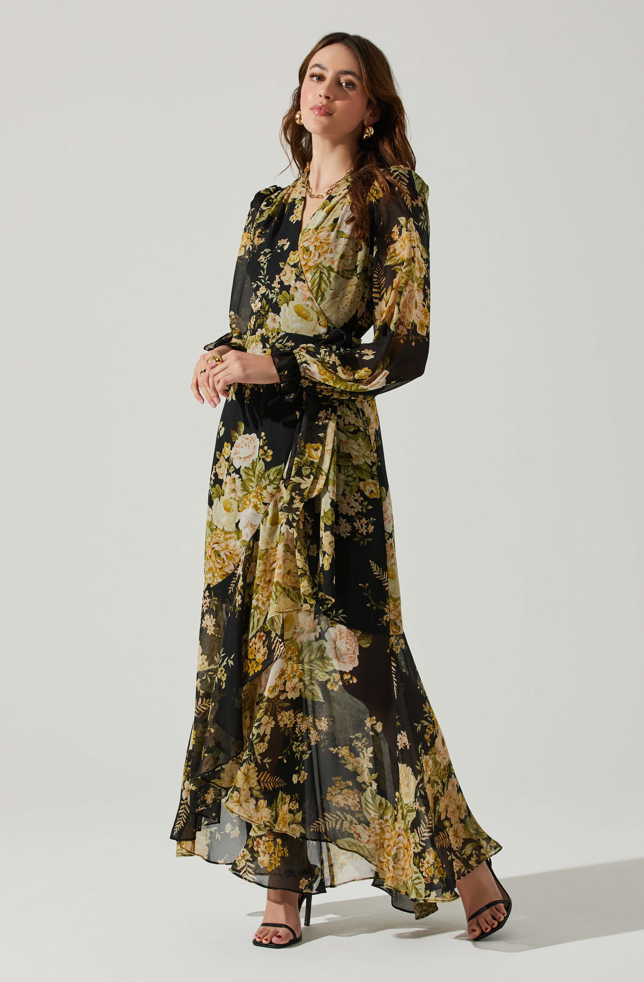 Kamila Long Sleeve Floral Wrap Maxi Dress-Aljck
