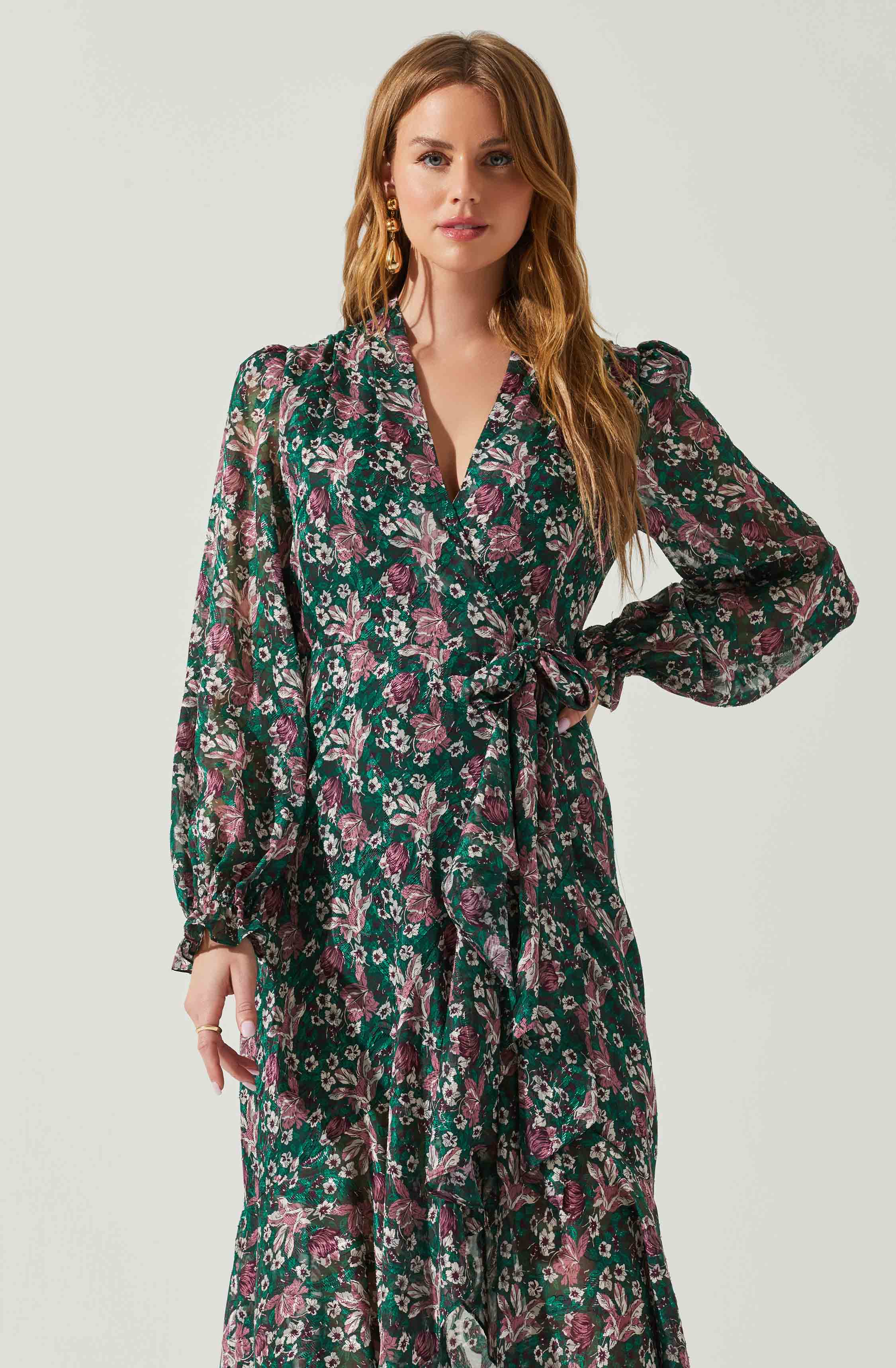 Kamila Long Sleeve Floral Wrap Maxi Dress-Aljck