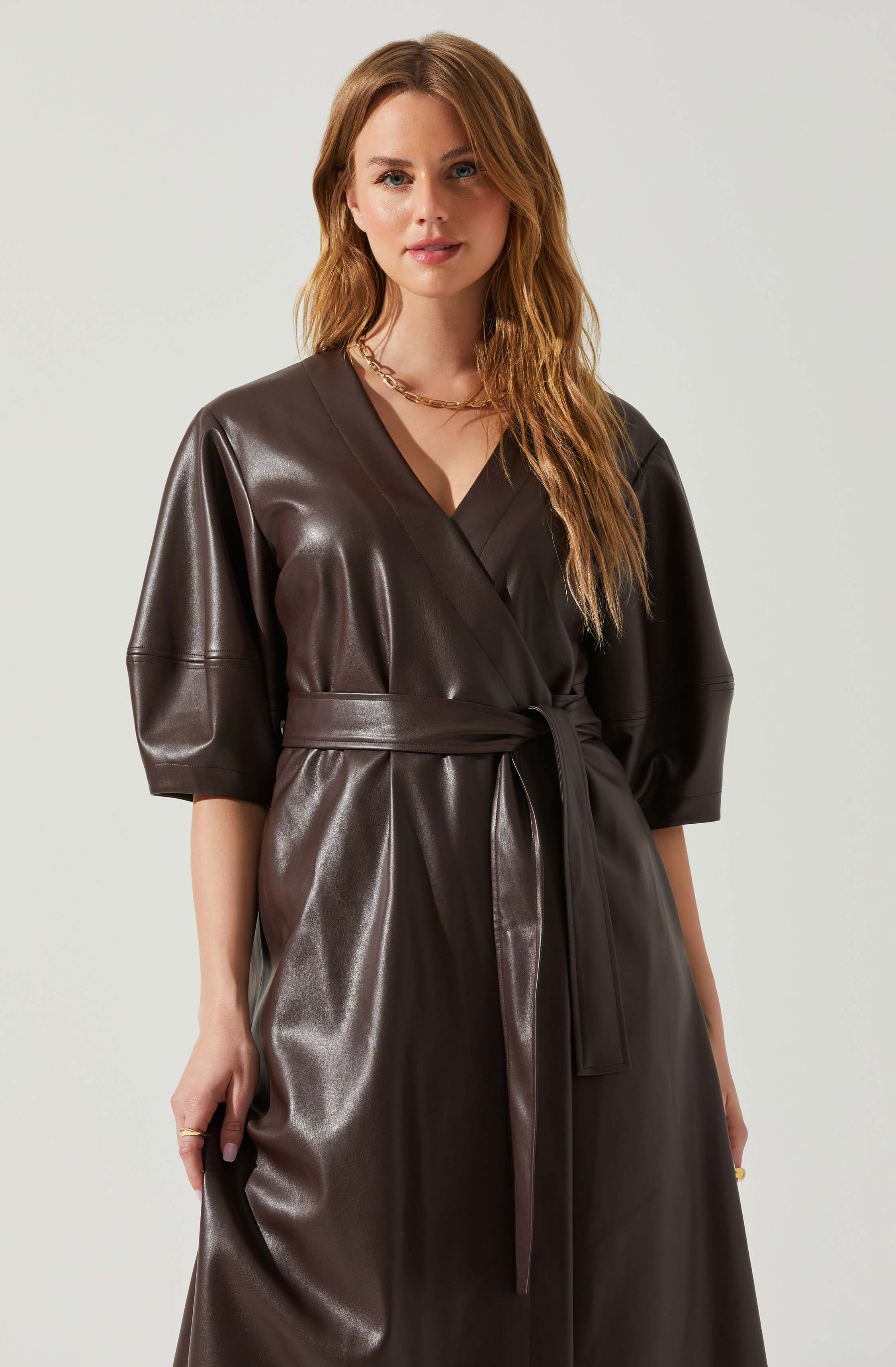 Angie Faux Leather Tie Waist Midi Dress-Aljck