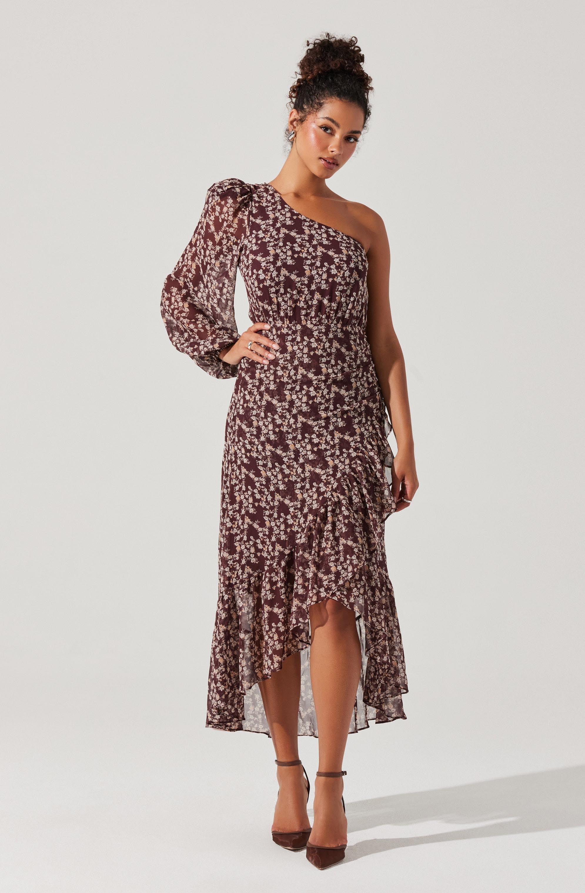 Calista Floral One Shoulder Dress-Aljck