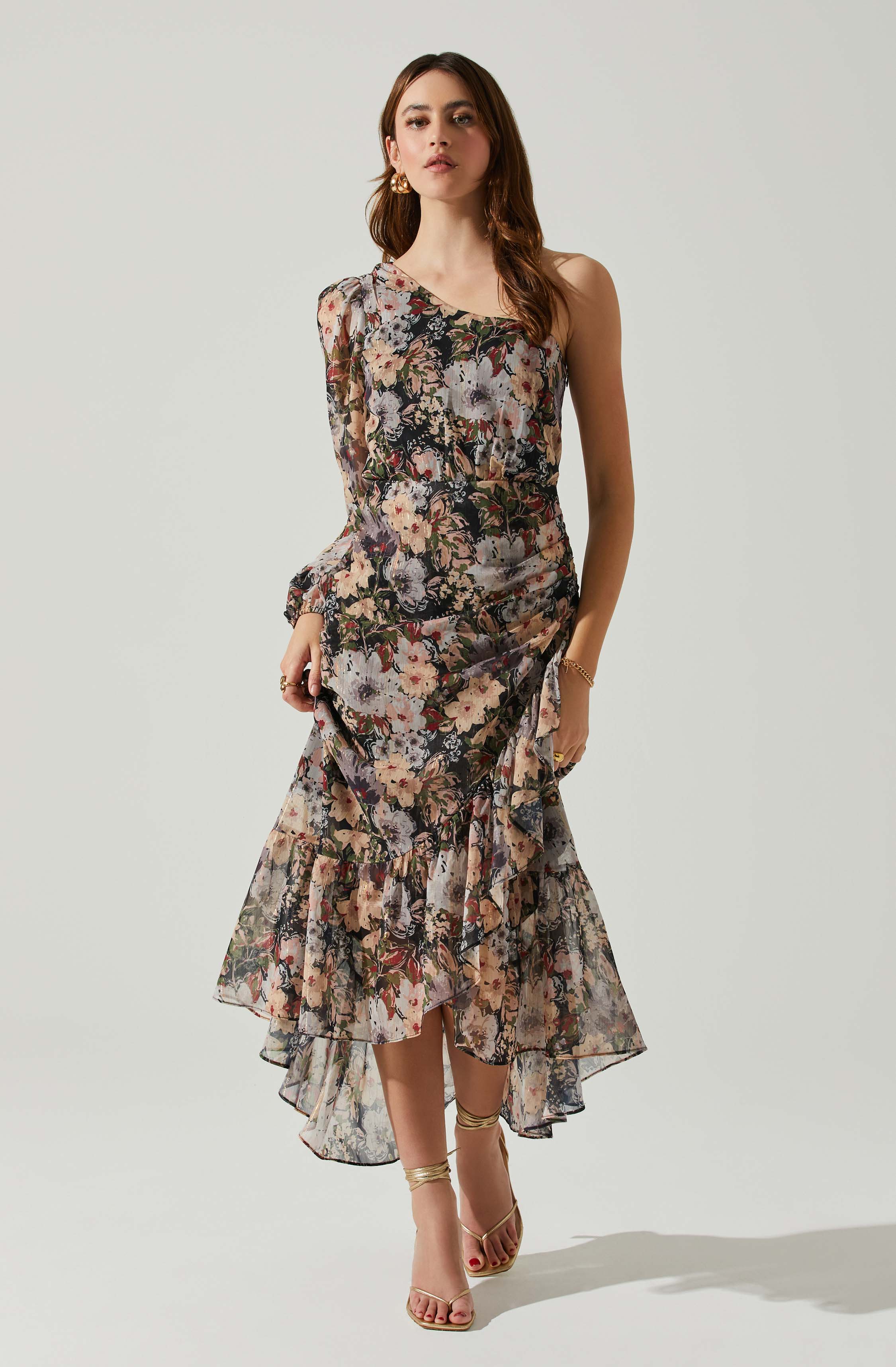 Calista Floral One Shoulder Midi Dress-Aljck