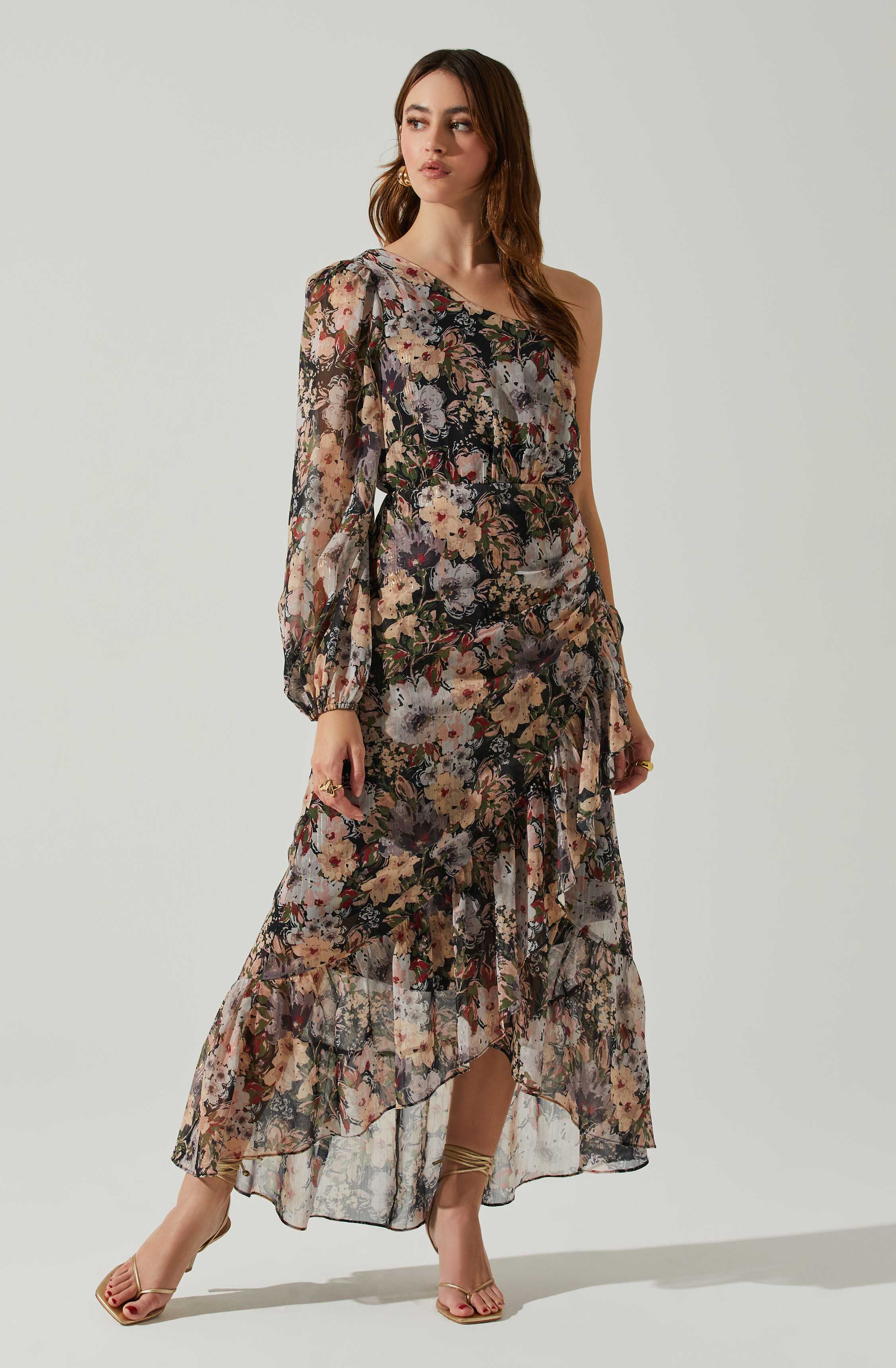 Calista Floral One Shoulder Midi Dress-Aljck