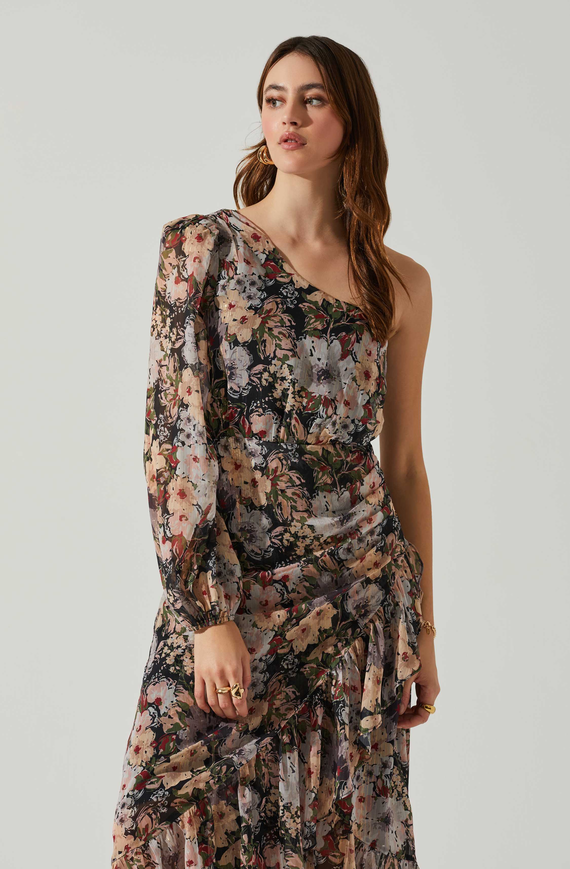 Calista Floral One Shoulder Midi Dress-Aljck