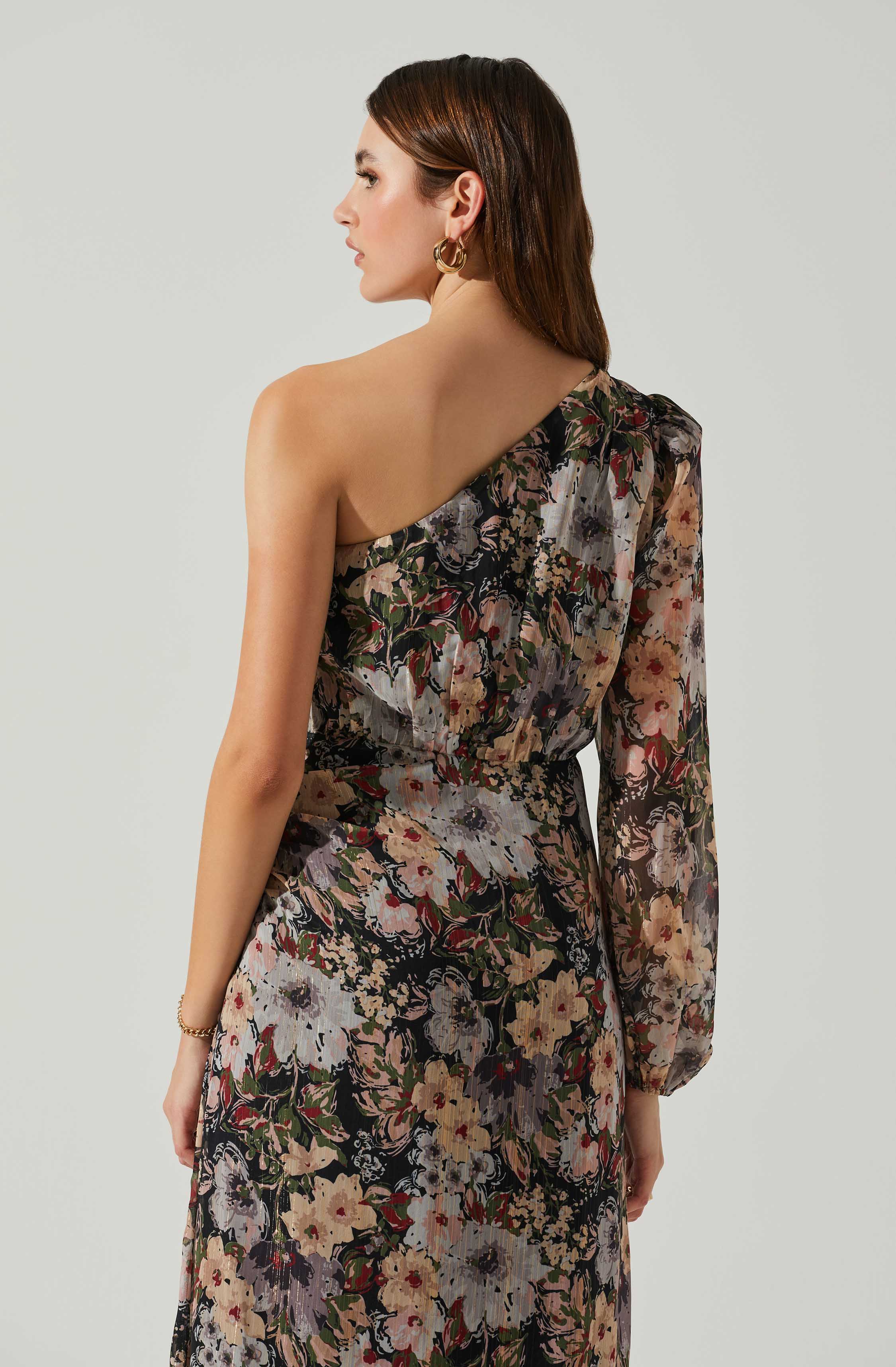 Calista Floral One Shoulder Midi Dress-Aljck