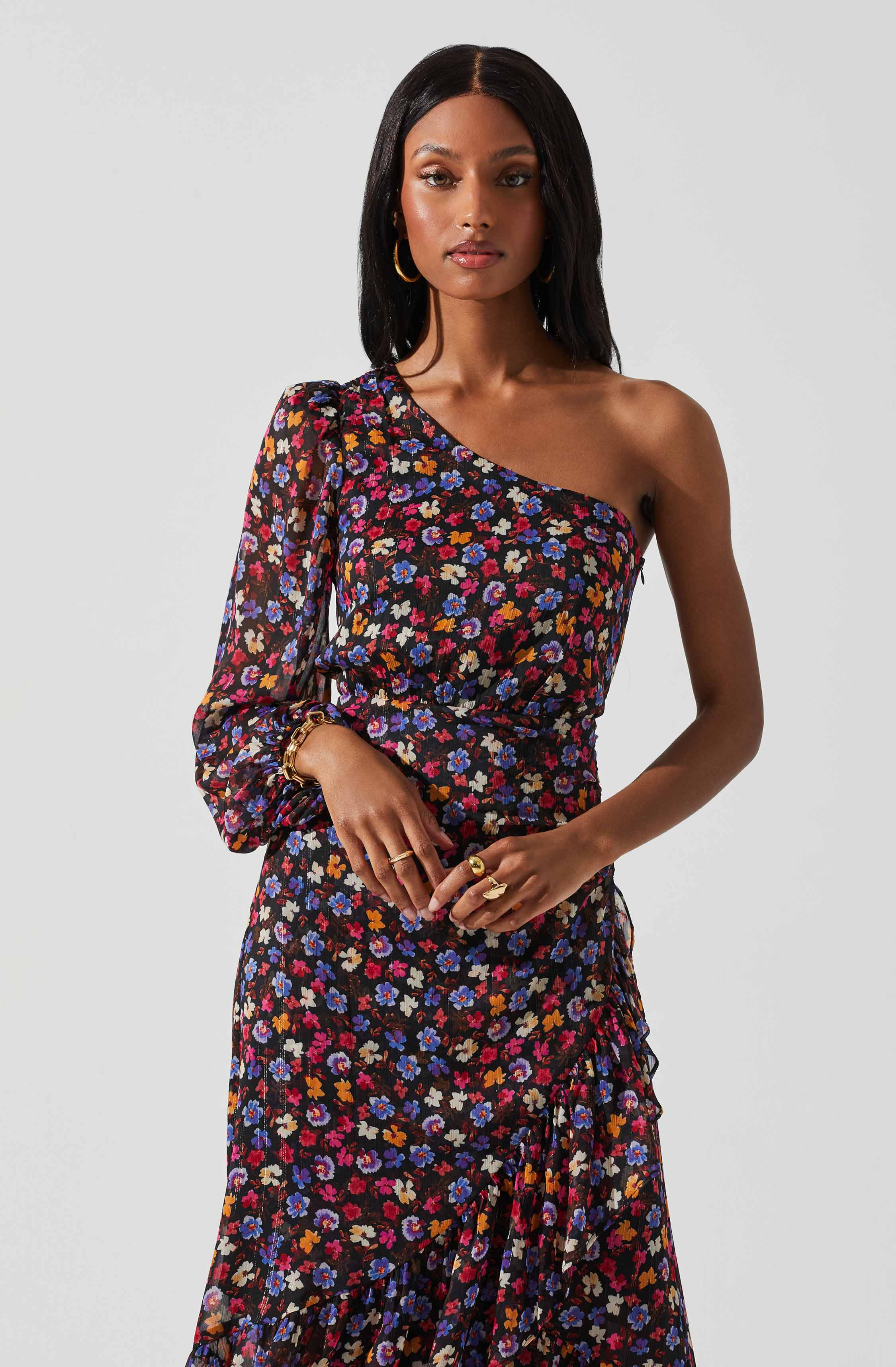 Calista Floral One Shoulder Midi Dress-Aljck