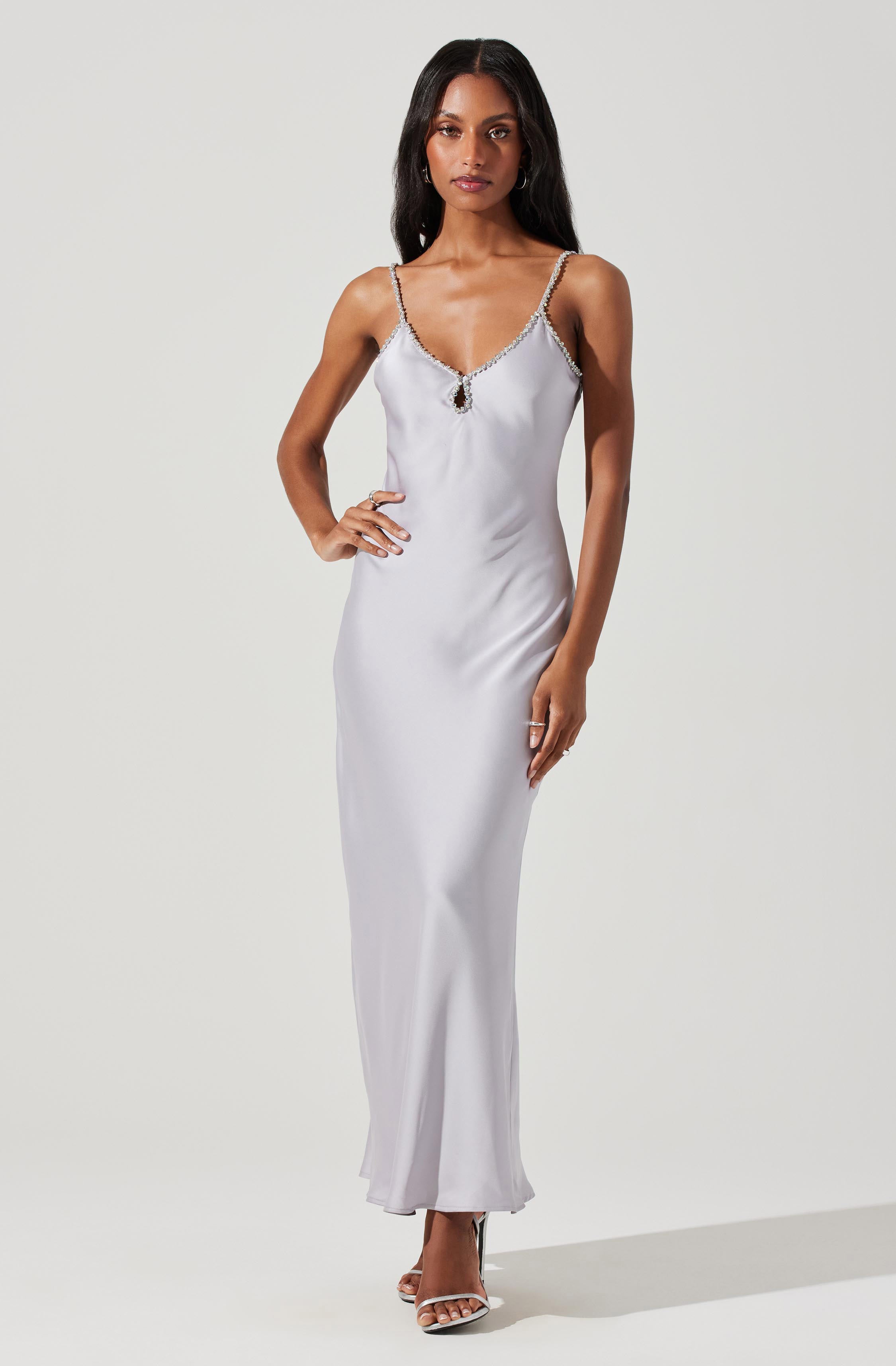 Nilana Rhinestone Trim Satin Maxi Dress-Aljck
