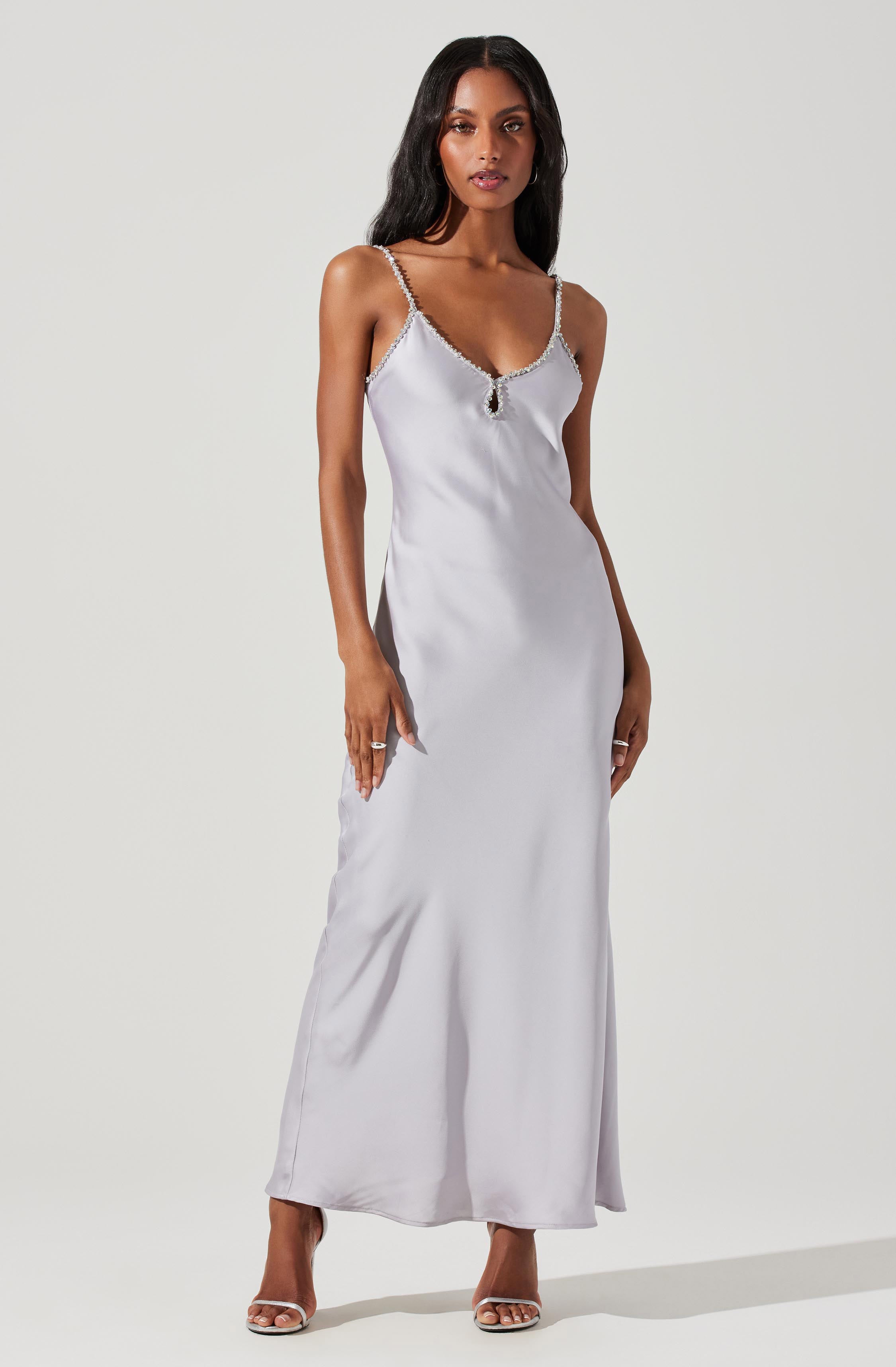 Nilana Rhinestone Trim Satin Maxi Dress-Aljck