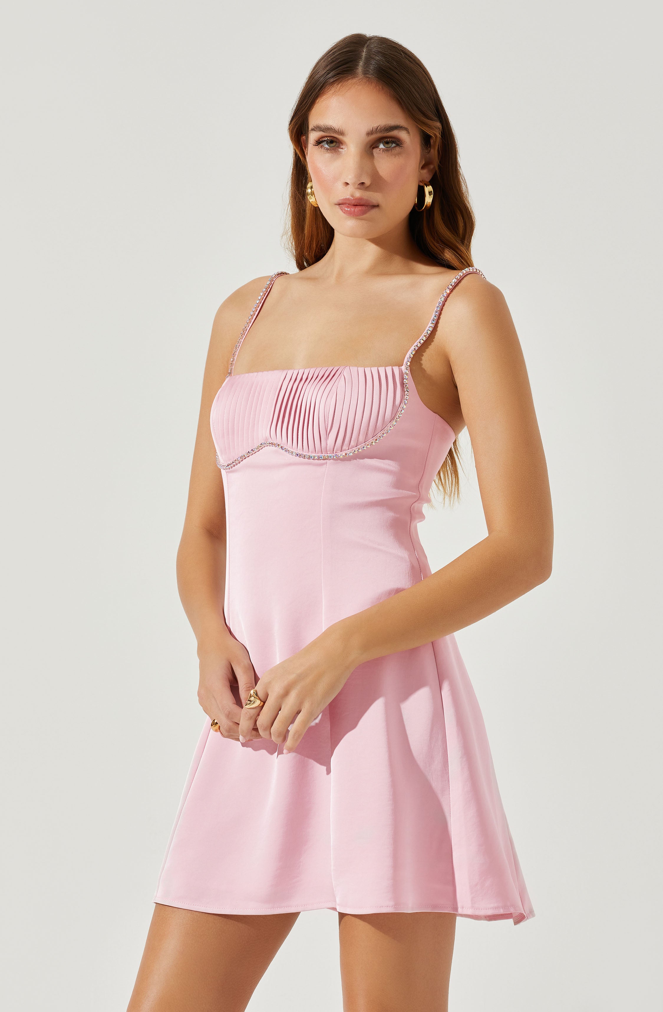 Mina Satin Rhinestone Trim Mini Dress-Aljck