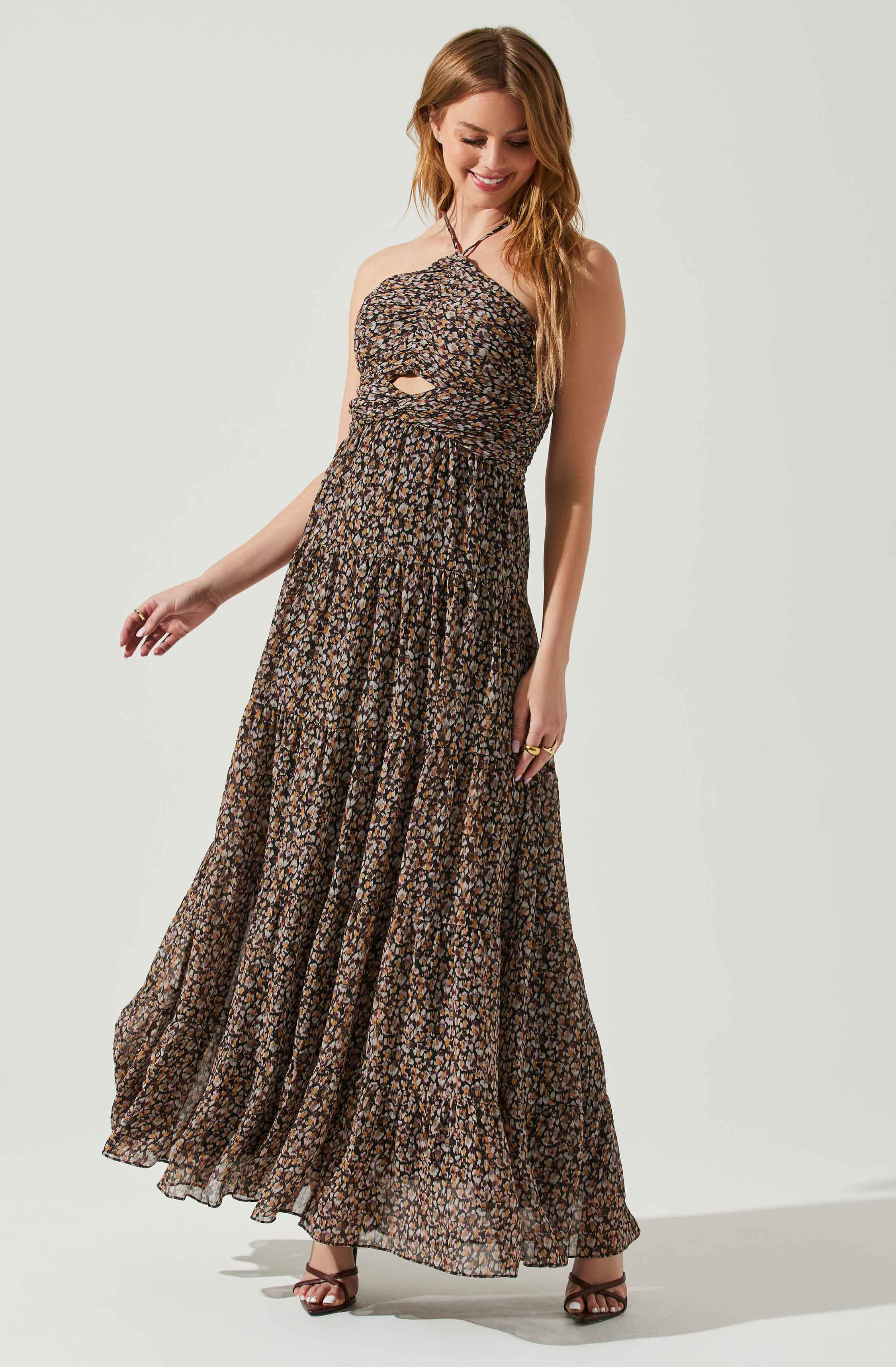 Madeline Center Cutout Floral Maxi Dress-Aljck