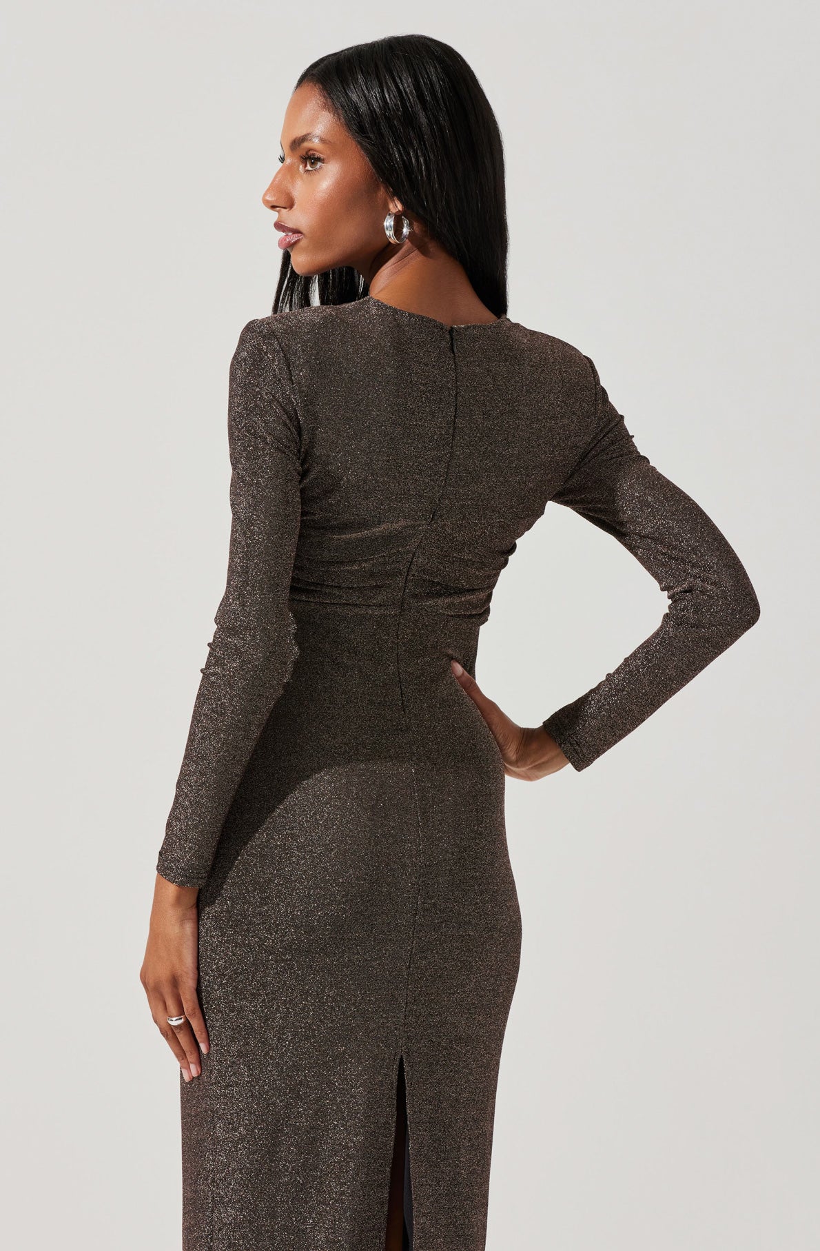 Rosella Metallic Cutout Long Sleeve Midi Dress-Aljck