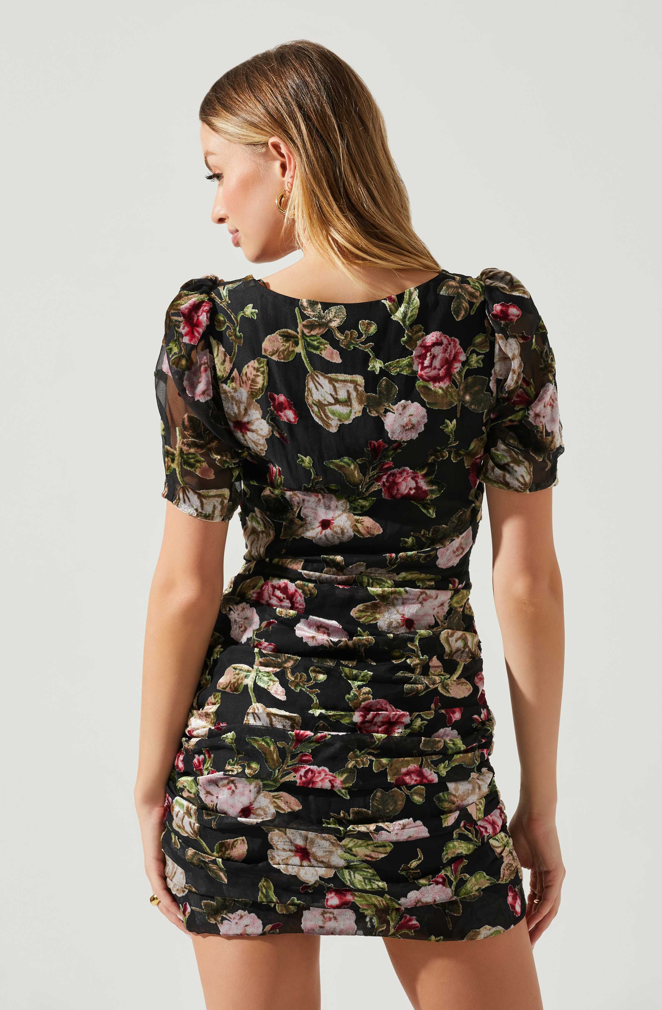 Elandra Floral Burnout Puff Sleeve Mini Dress-Aljck