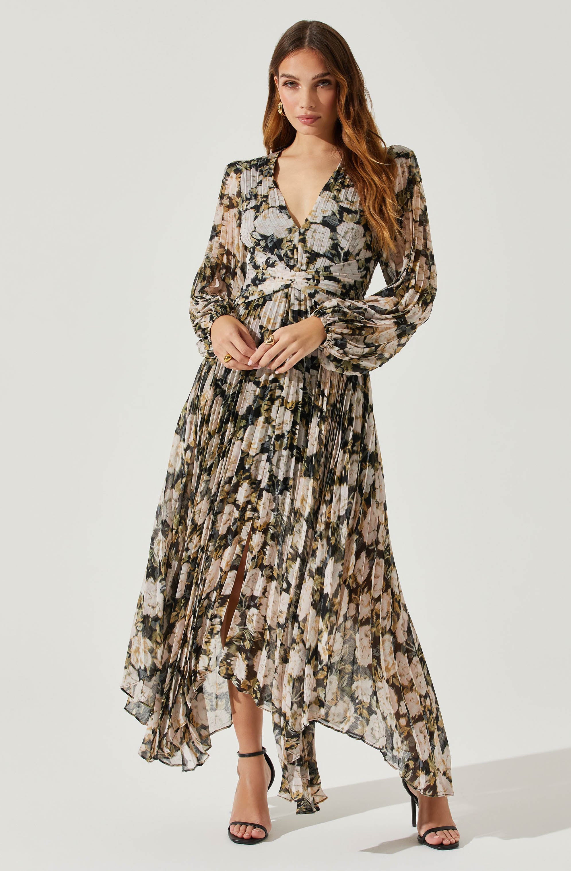 Ayana Floral Pleated Long Sleeve Maxi Dress-Aljck