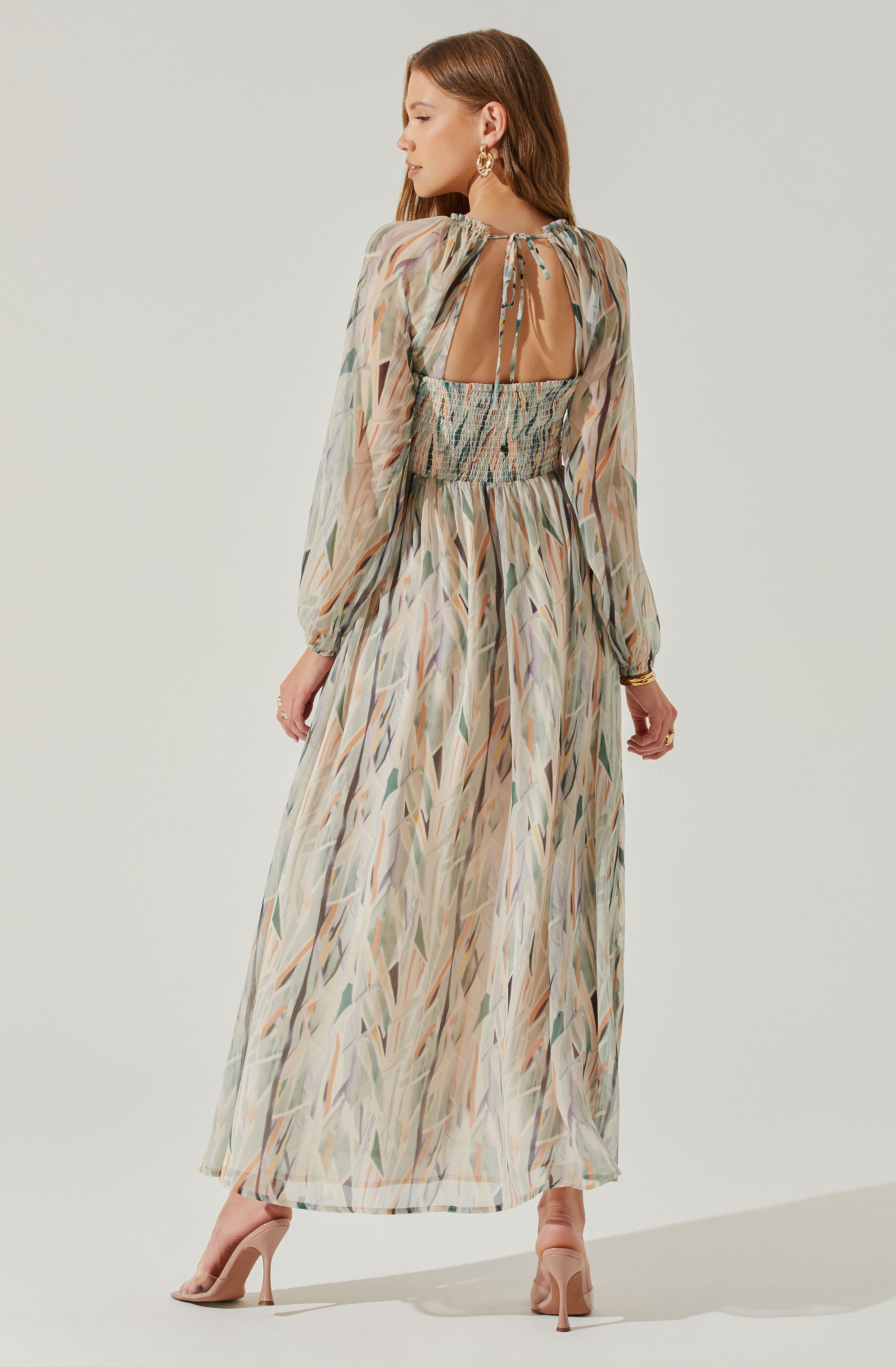 Jessamy Tie Neck Open Back Long Sleeve Maxi Dress-Aljck