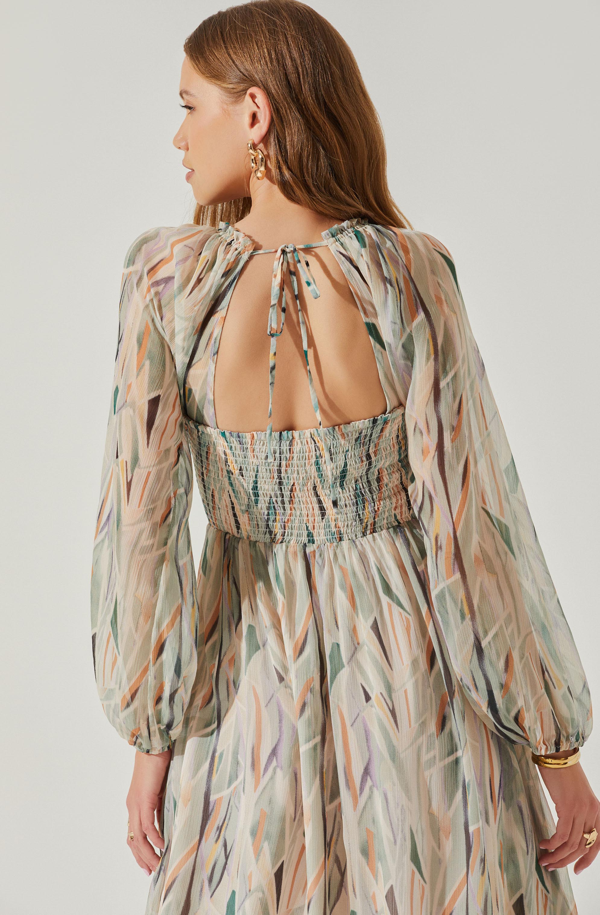 Jessamy Tie Neck Open Back Long Sleeve Maxi Dress-Aljck