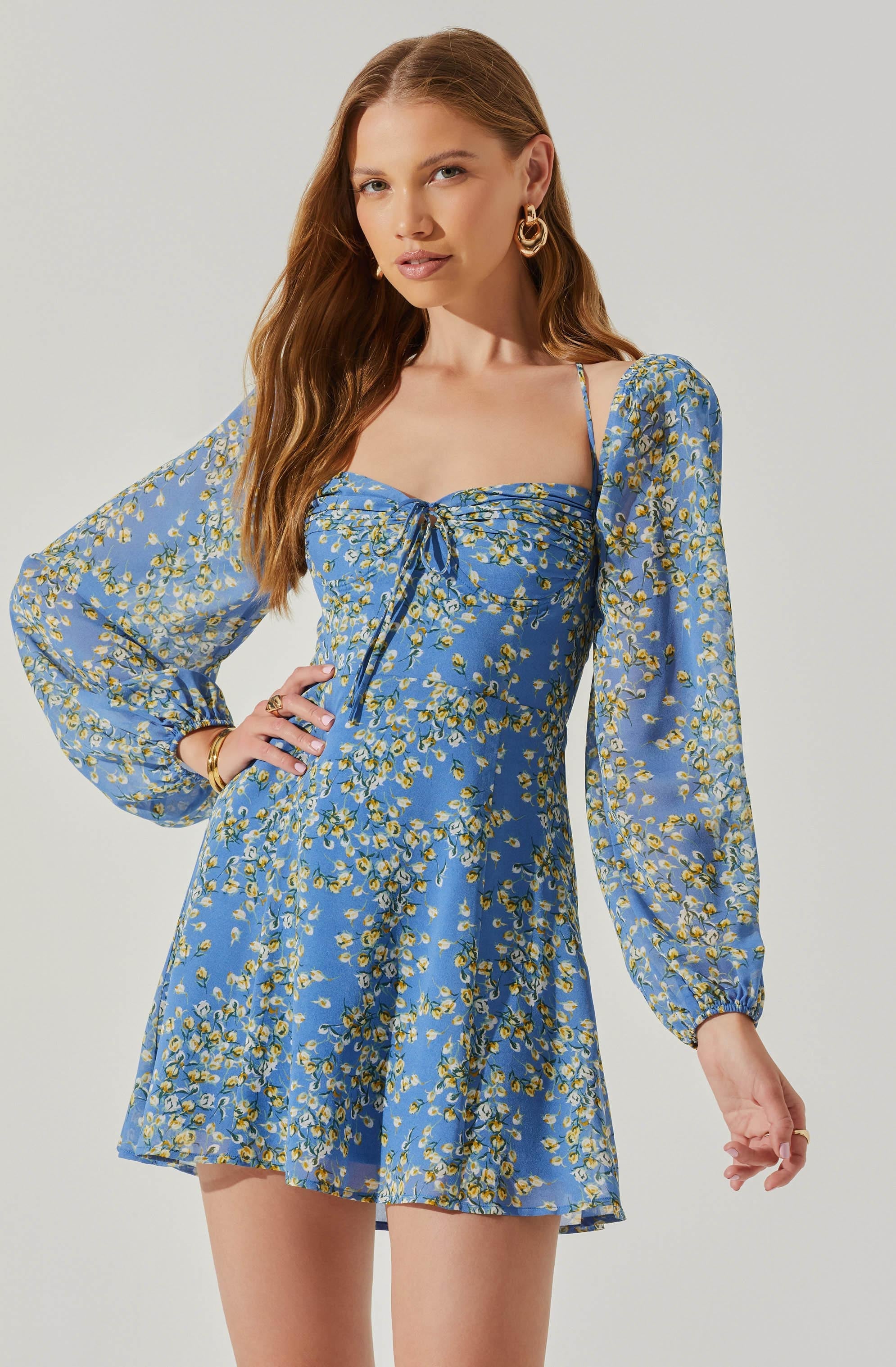 Vivian Floral Halter Long Sleeve Mini Dress-Aljck