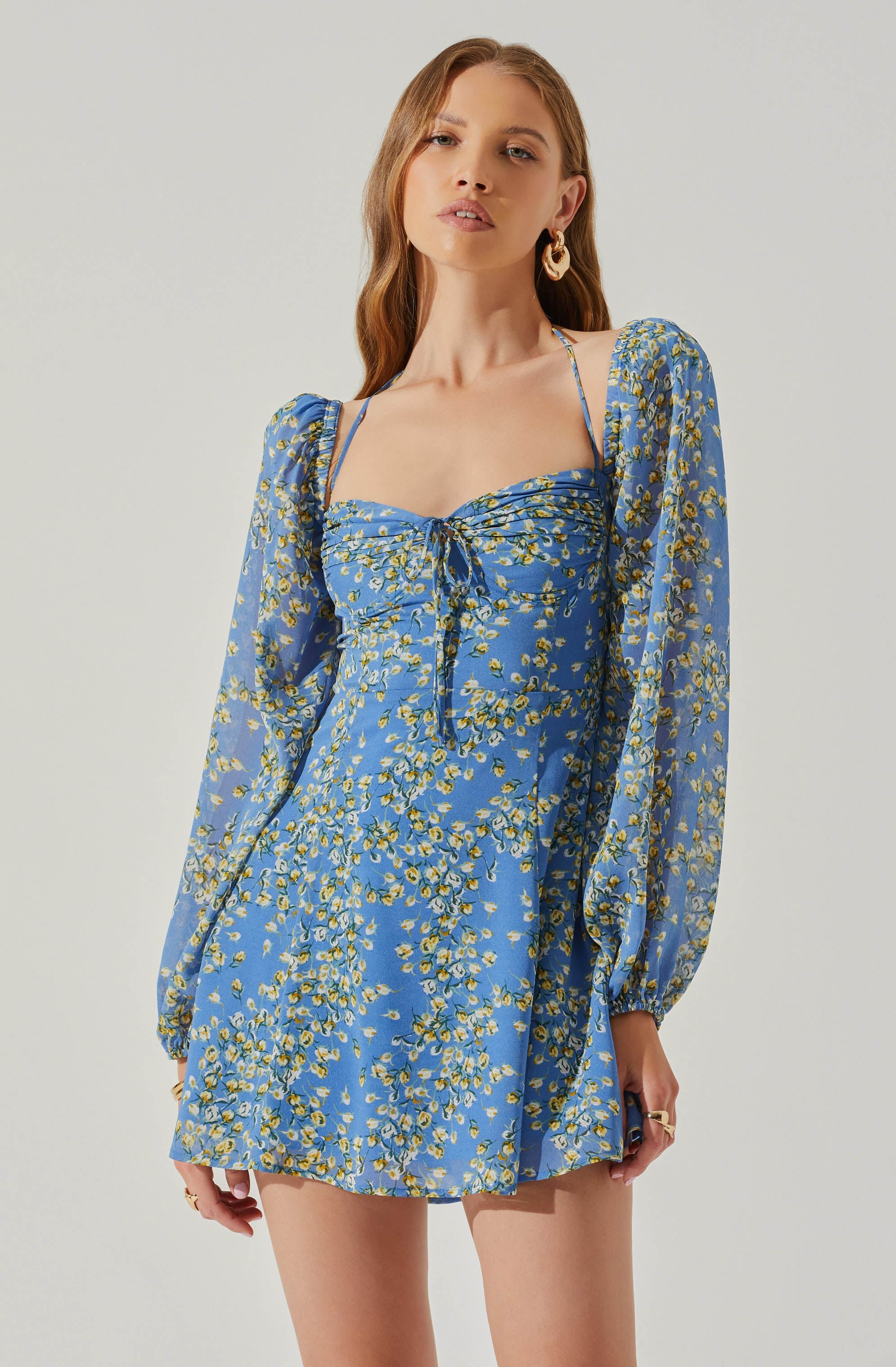 Vivian Floral Halter Long Sleeve Mini Dress-Aljck