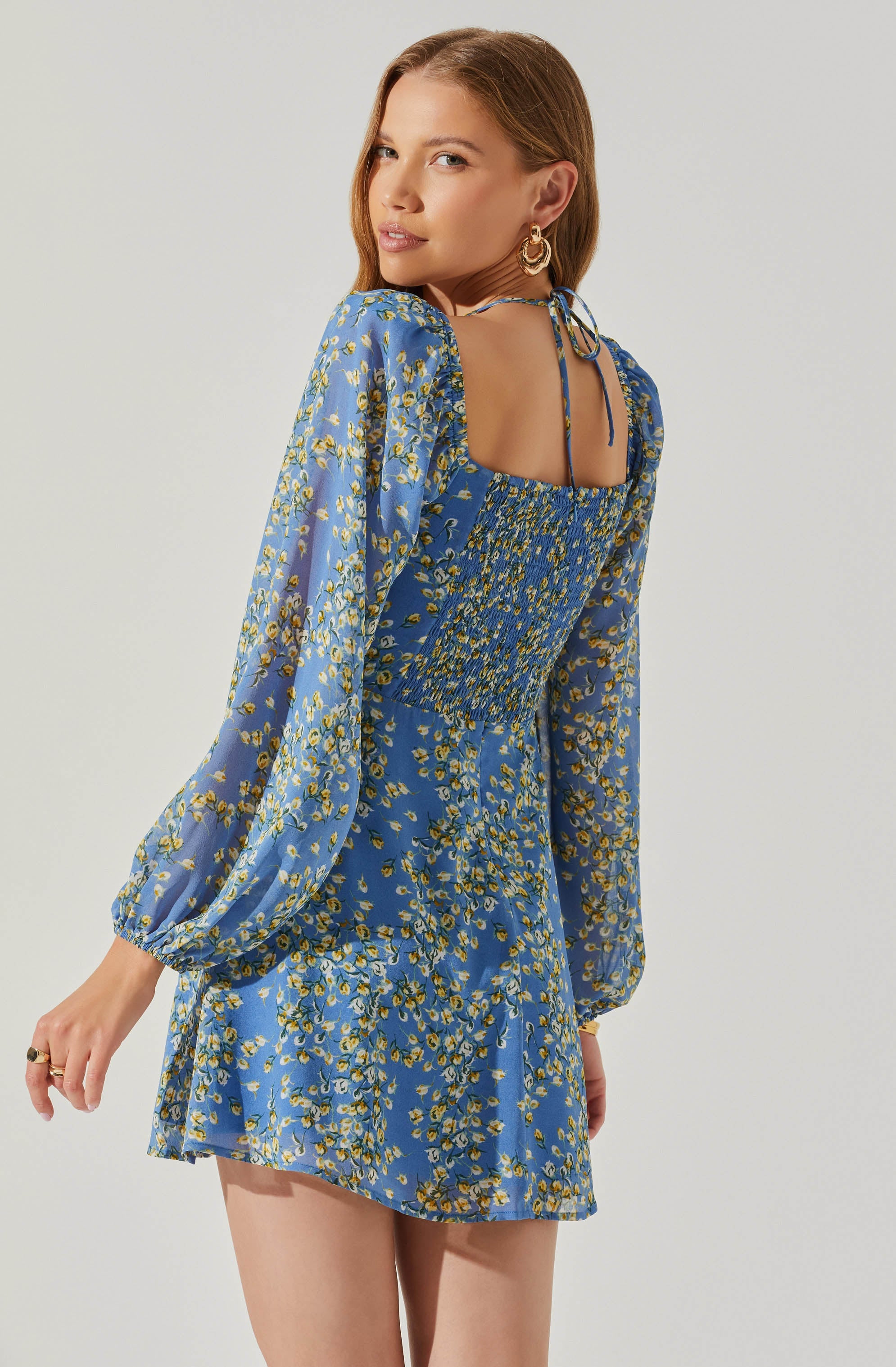 Vivian Floral Halter Long Sleeve Mini Dress-Aljck