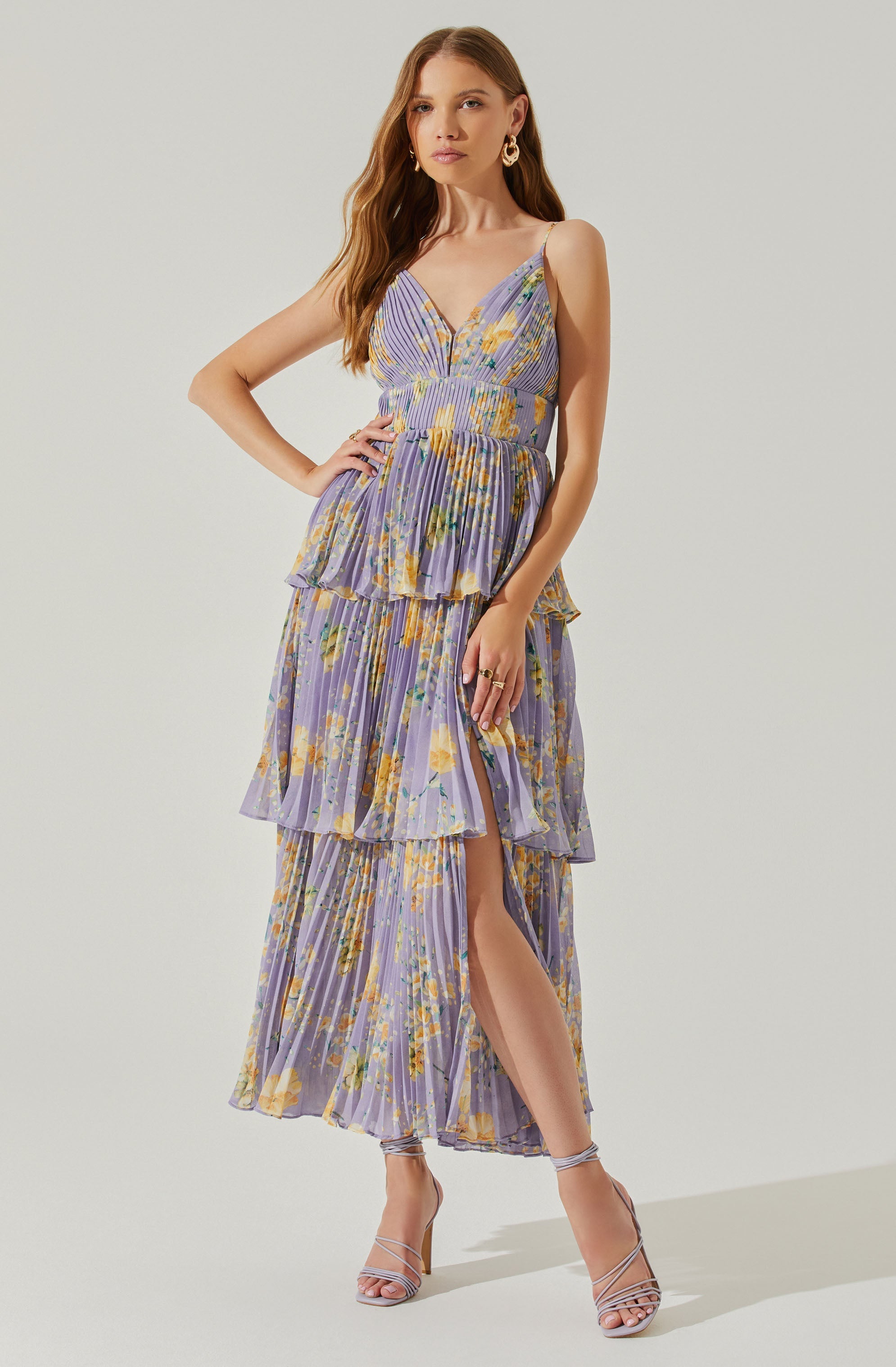 Zaida Floral Tiered Pleated Midi Dress-Aljck