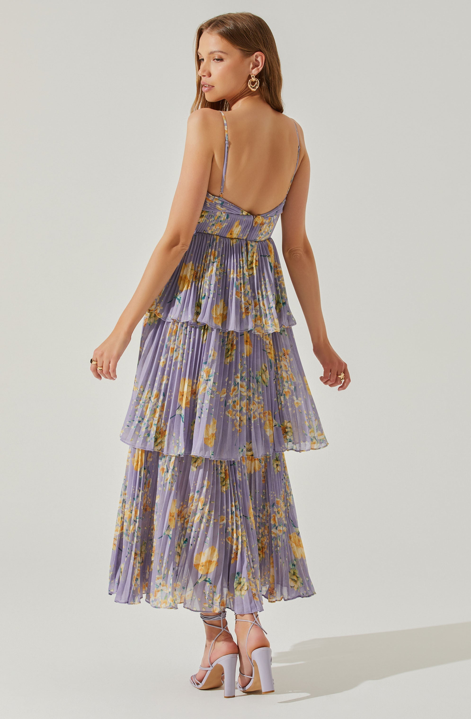 Zaida Floral Tiered Pleated Midi Dress-Aljck