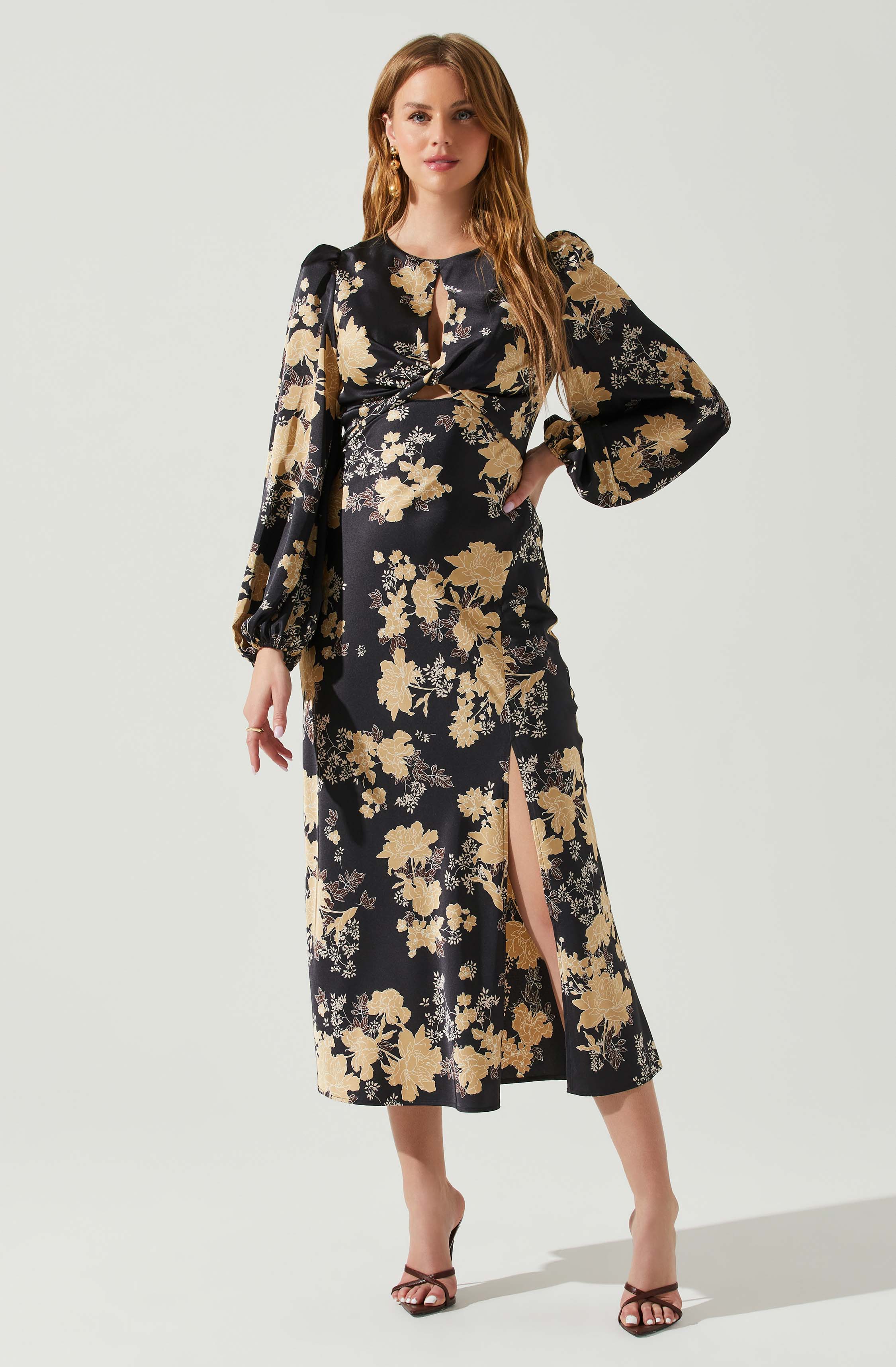 Suzy Floral Satin Front Cutout Midi Dress-Aljck
