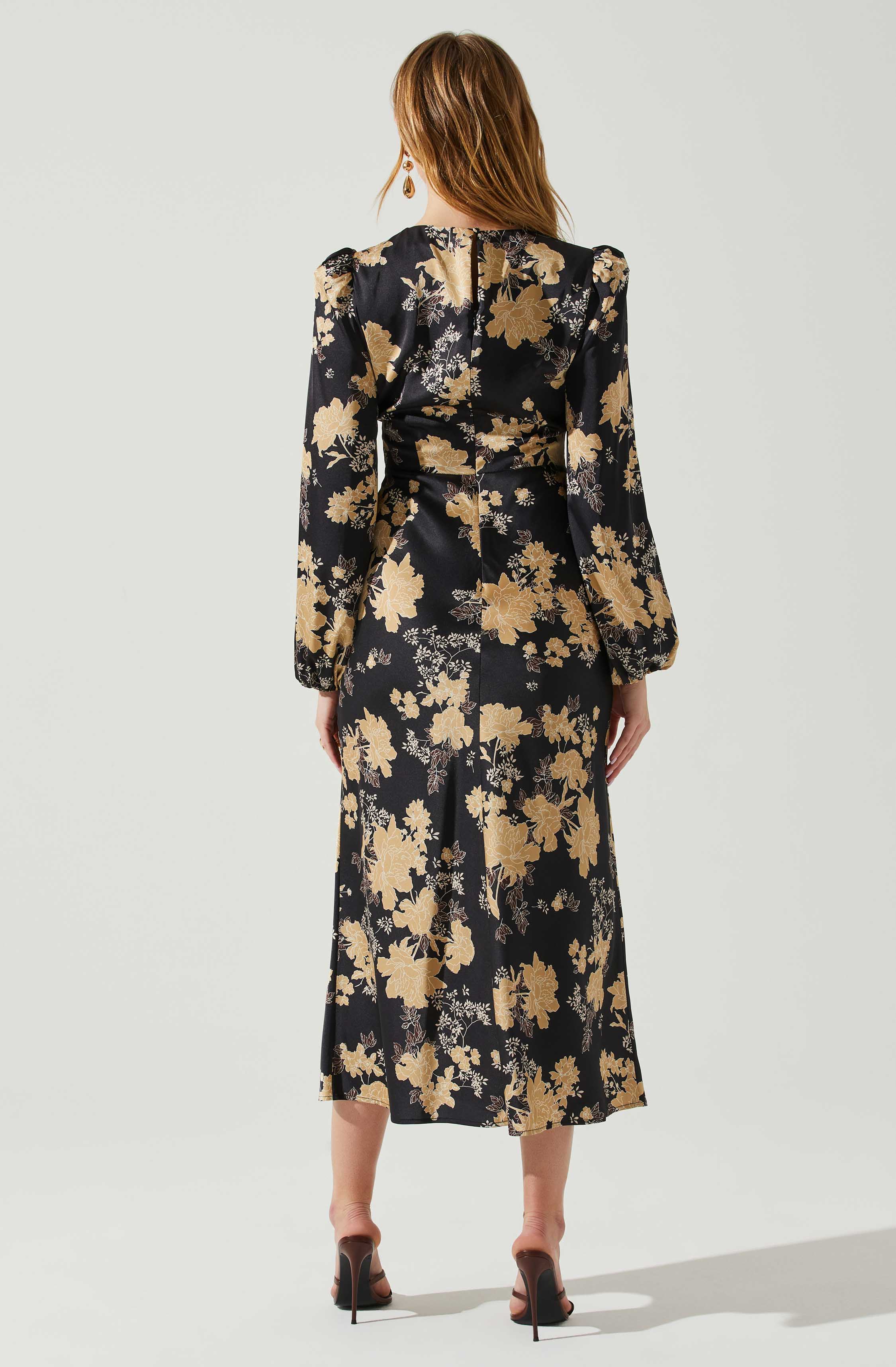 Suzy Floral Satin Front Cutout Midi Dress-Aljck