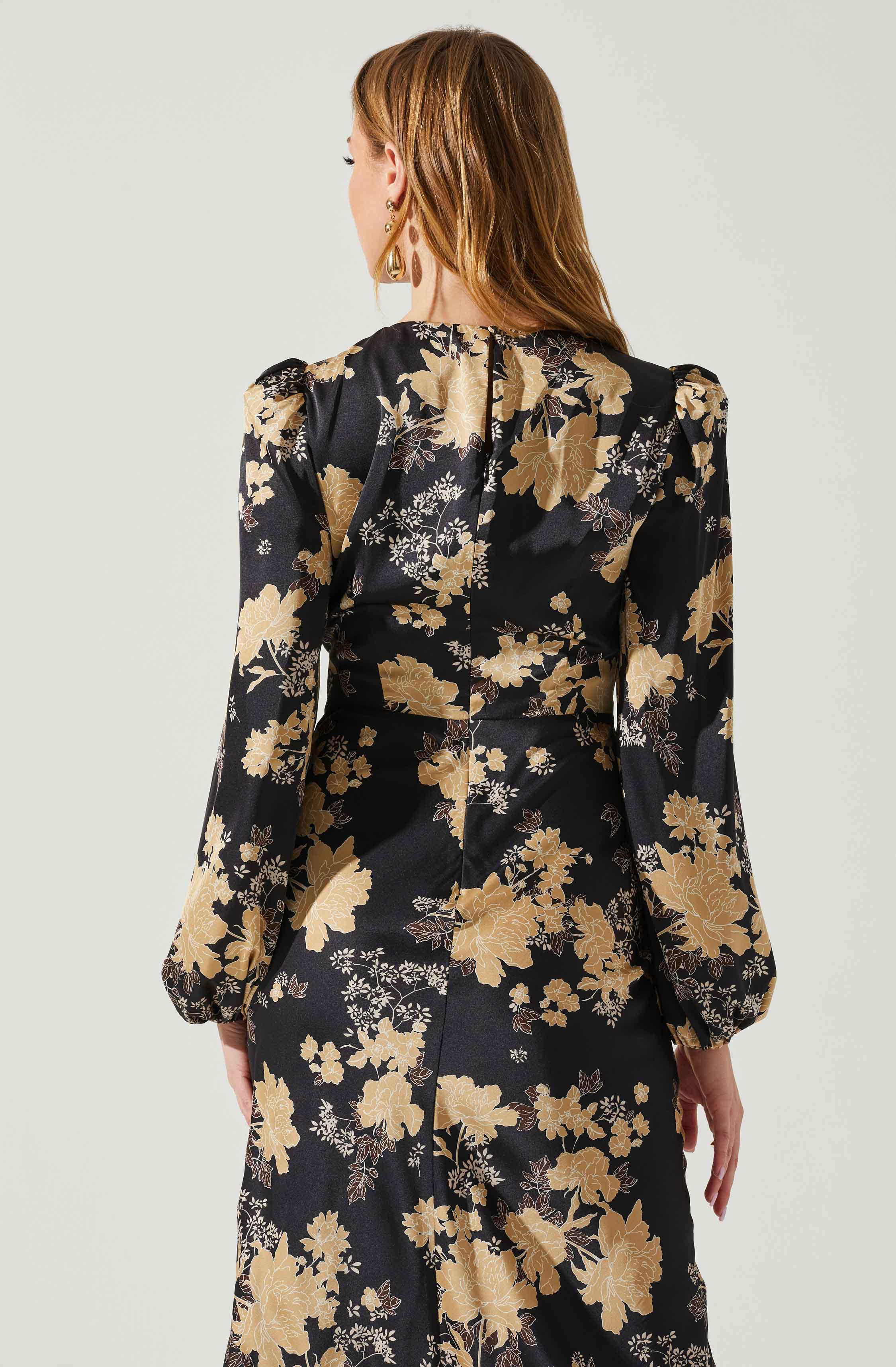 Suzy Floral Satin Front Cutout Midi Dress-Aljck