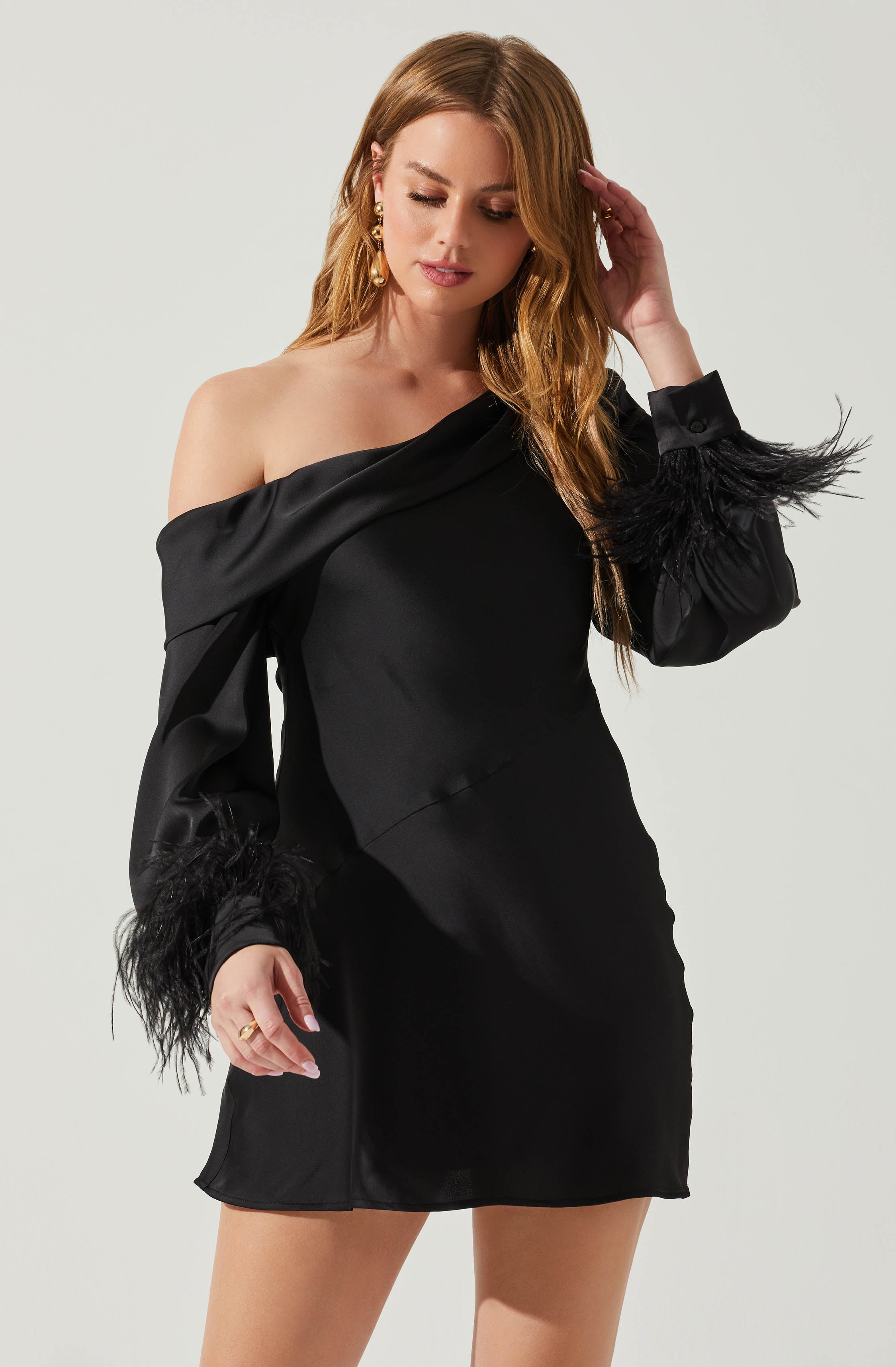 Augusta Off Shoulder Feather Trim Mini Dress-Aljck