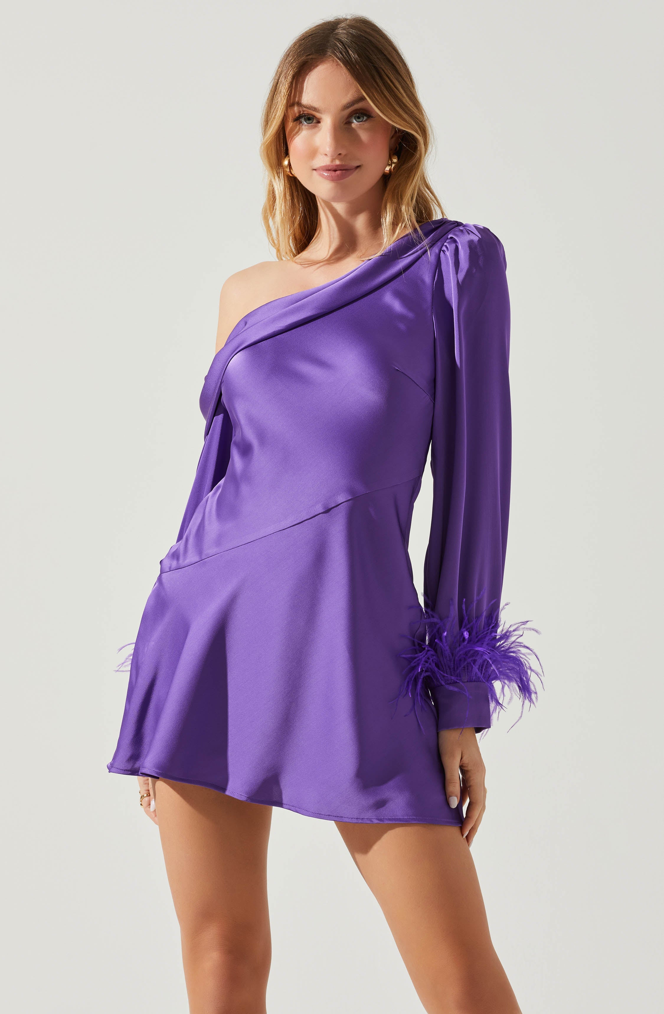 Augusta Off Shoulder Feather Trim Mini Dress-Aljck