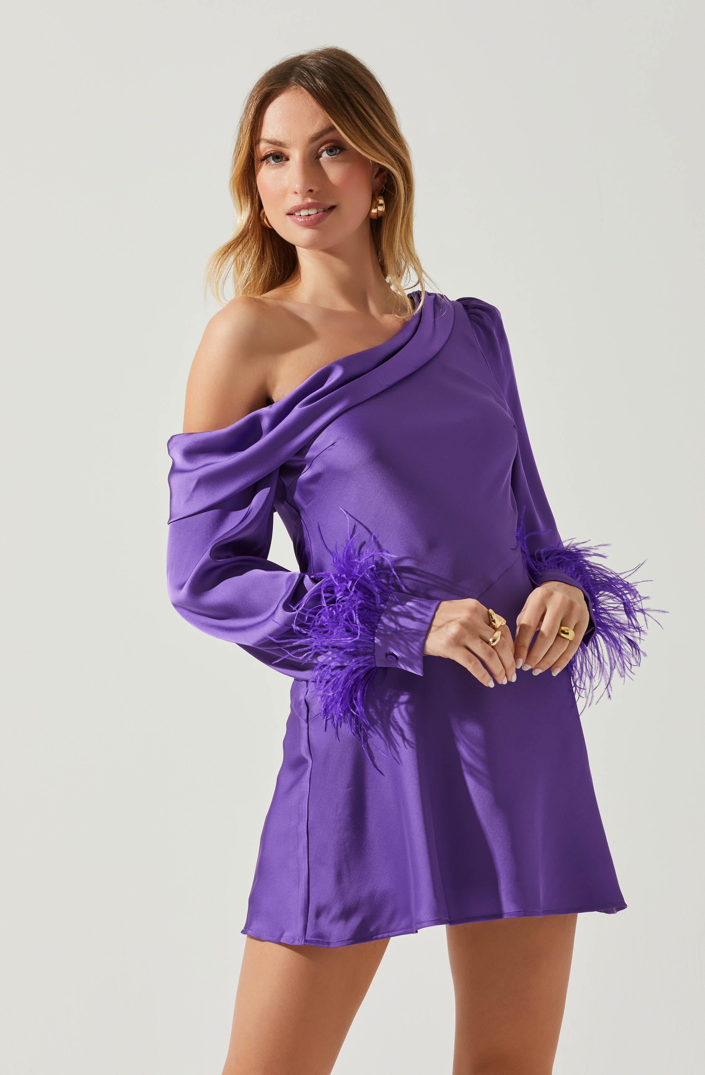 Augusta Off Shoulder Feather Trim Mini Dress-Aljck