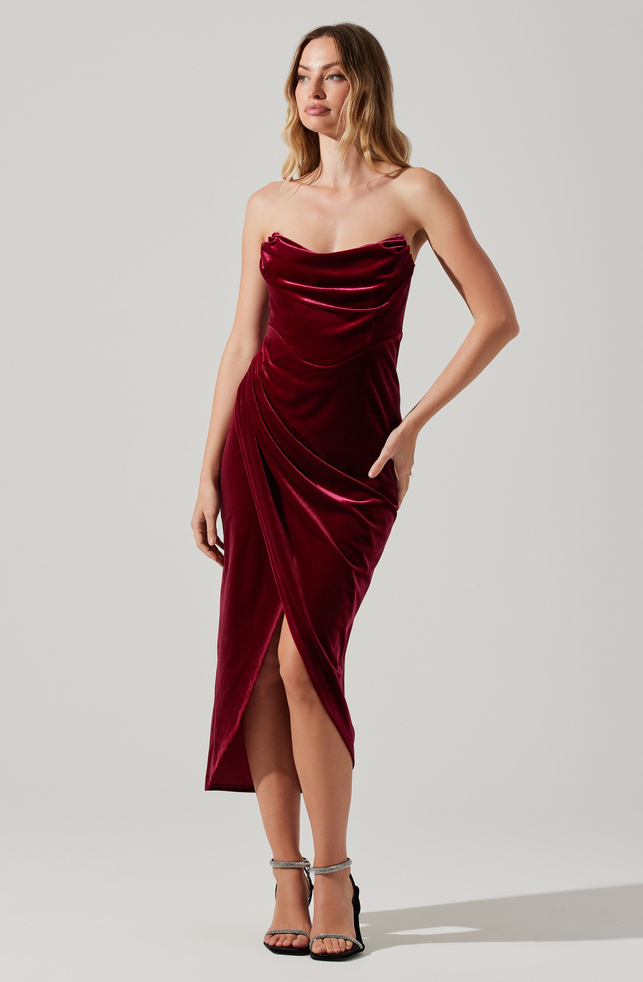 Meghan Velvet Draped Midi Dress-Aljck