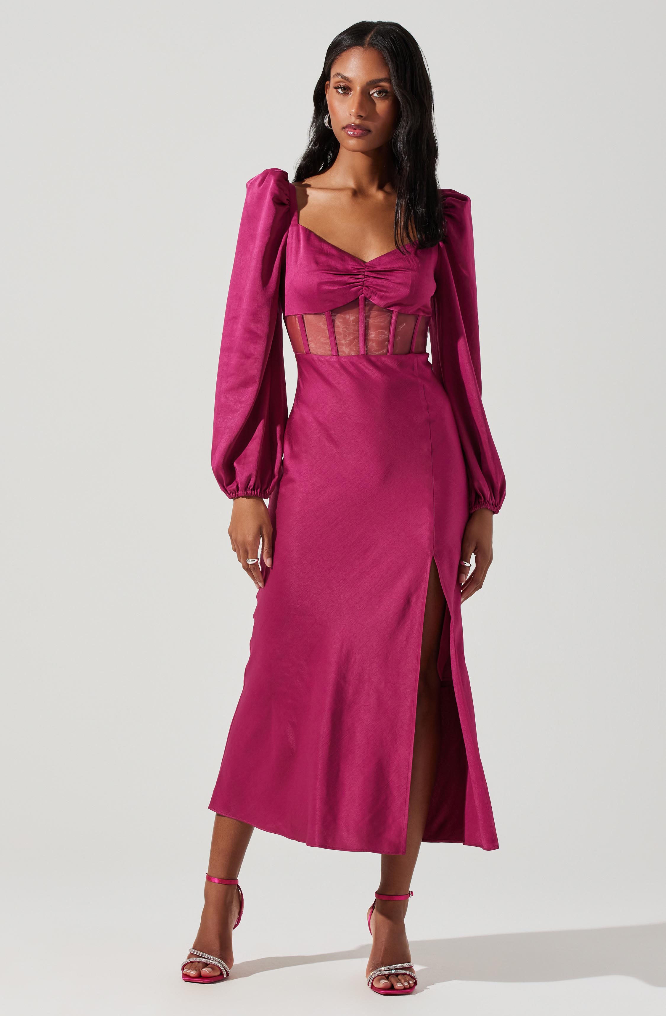 Gianna Contrast Mesh Long Sleeve Midi Dress-Aljck