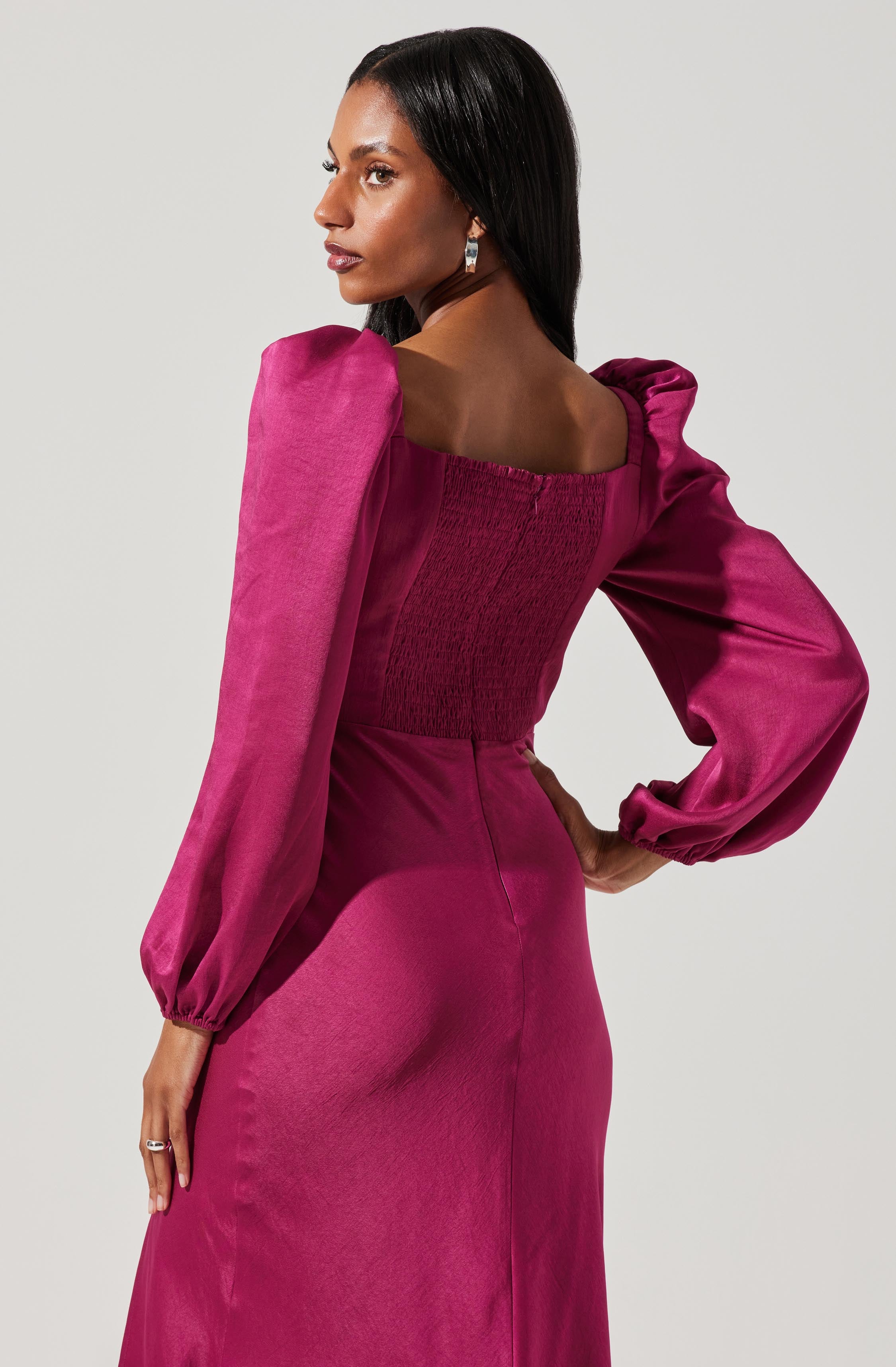 Gianna Contrast Mesh Long Sleeve Midi Dress-Aljck