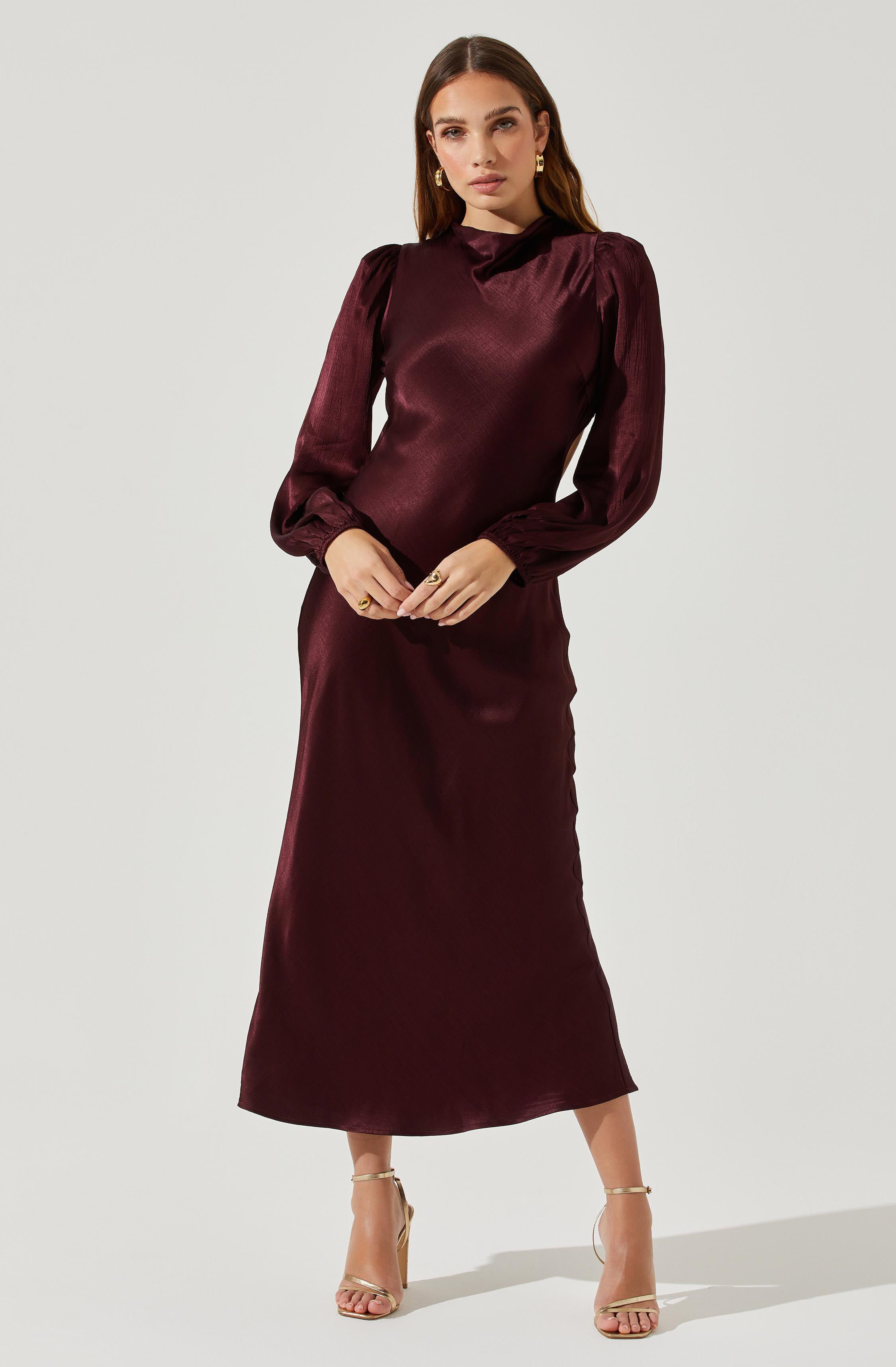 Samara Satin Cutout Long Sleeve Midi Dress-Aljck