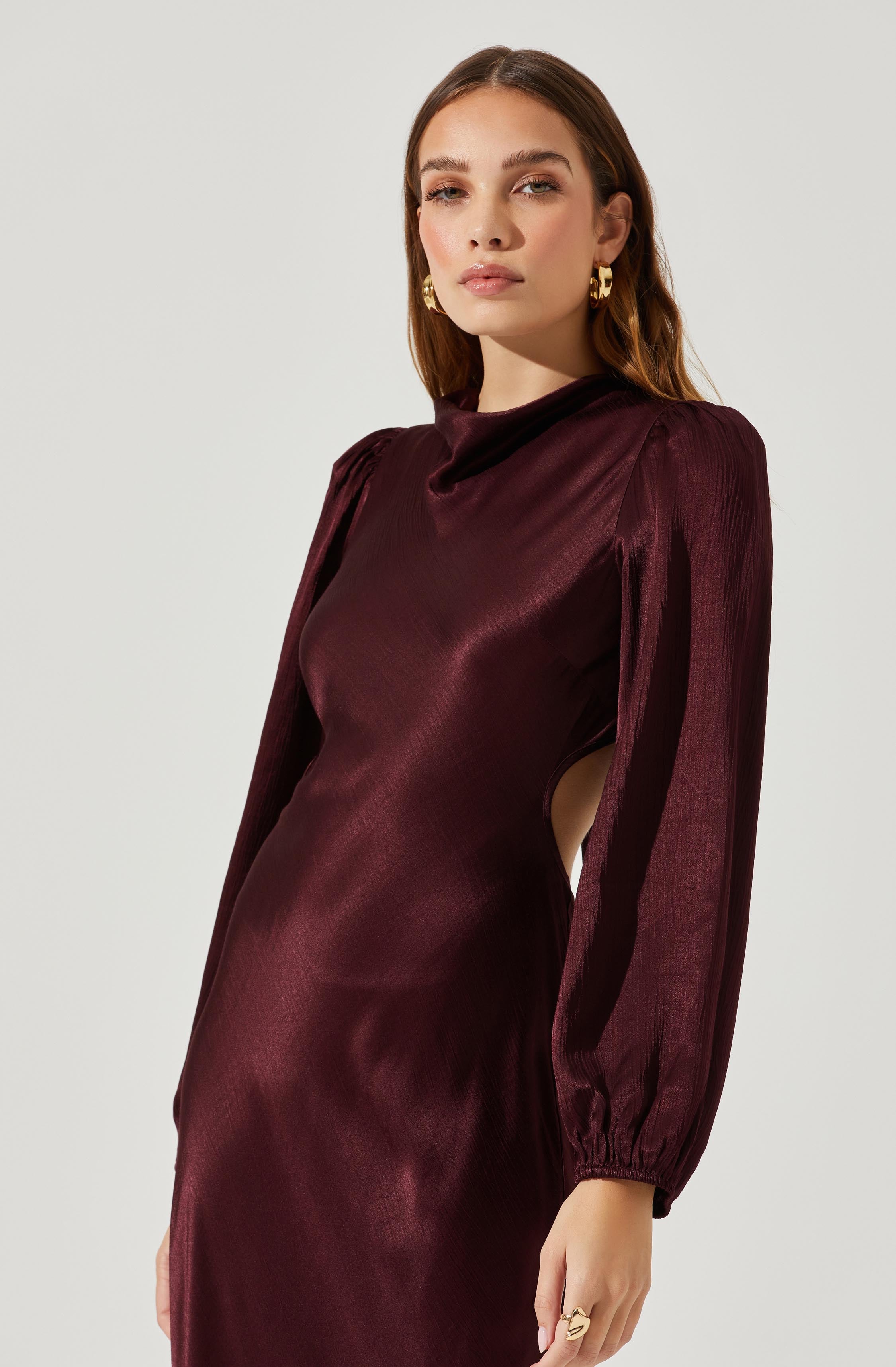 Samara Satin Cutout Long Sleeve Midi Dress-Aljck