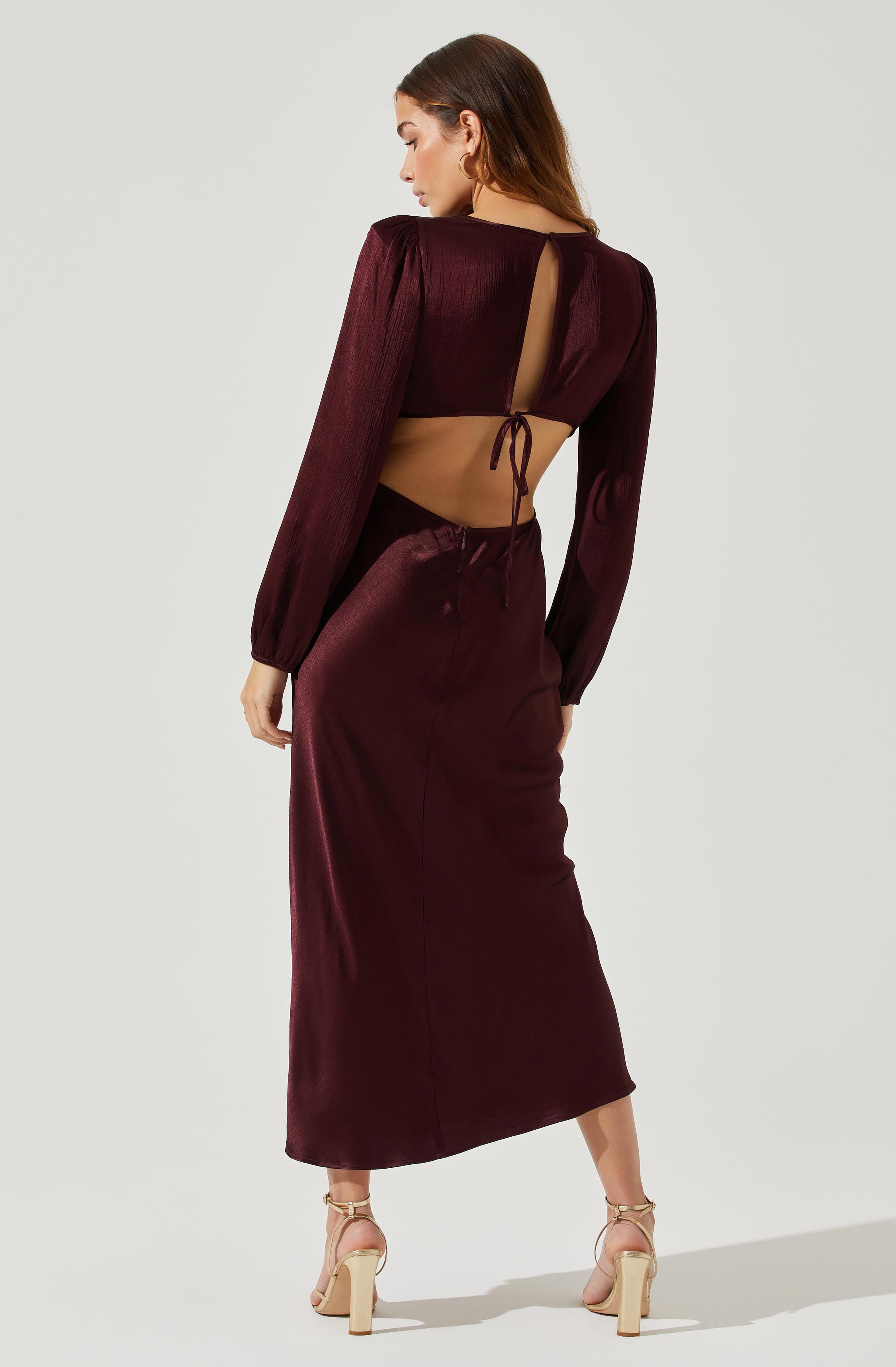 Samara Satin Cutout Long Sleeve Midi Dress-Aljck