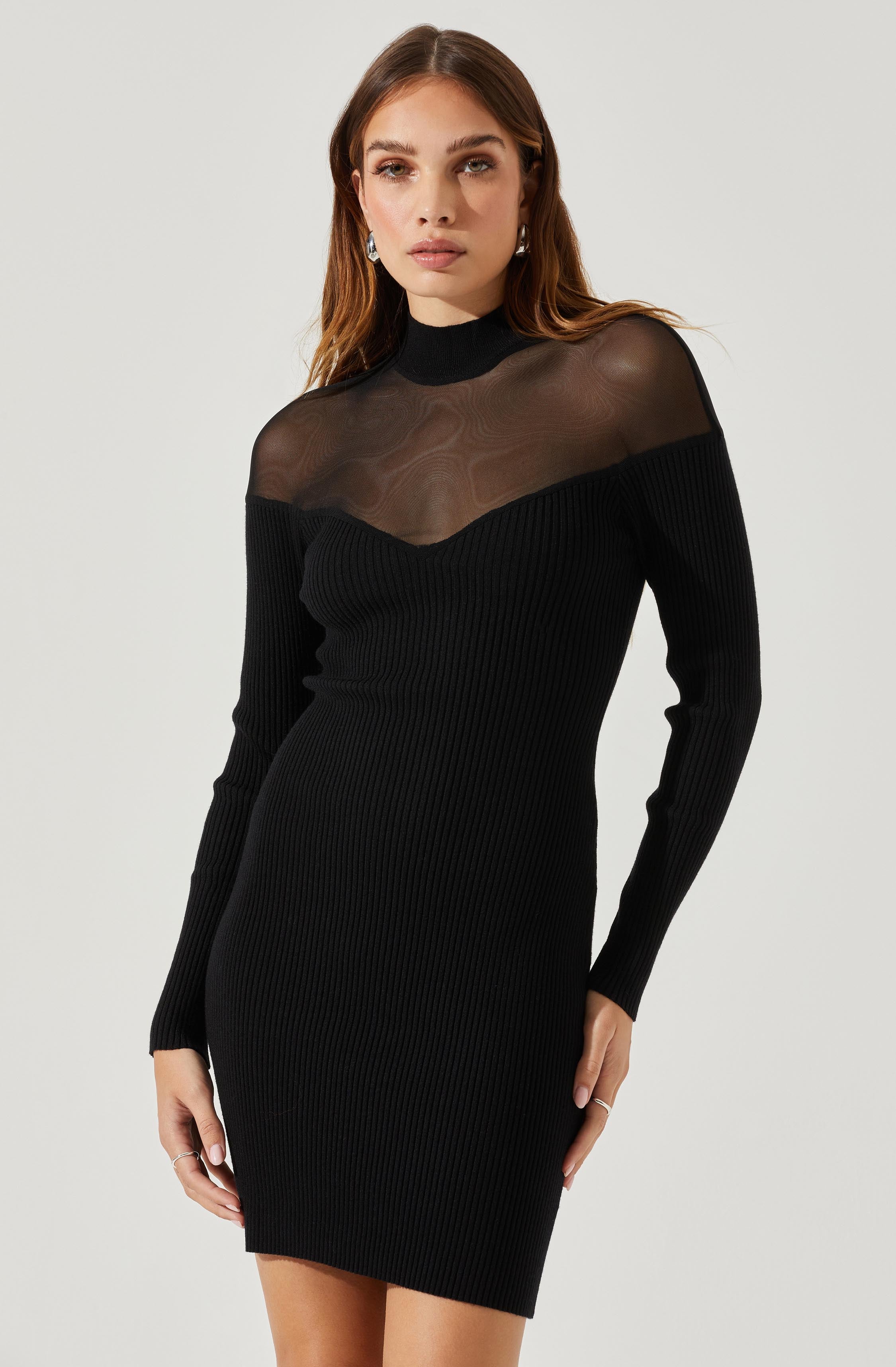 Larna Contrast Mesh Mini Sweater Dress-Aljck