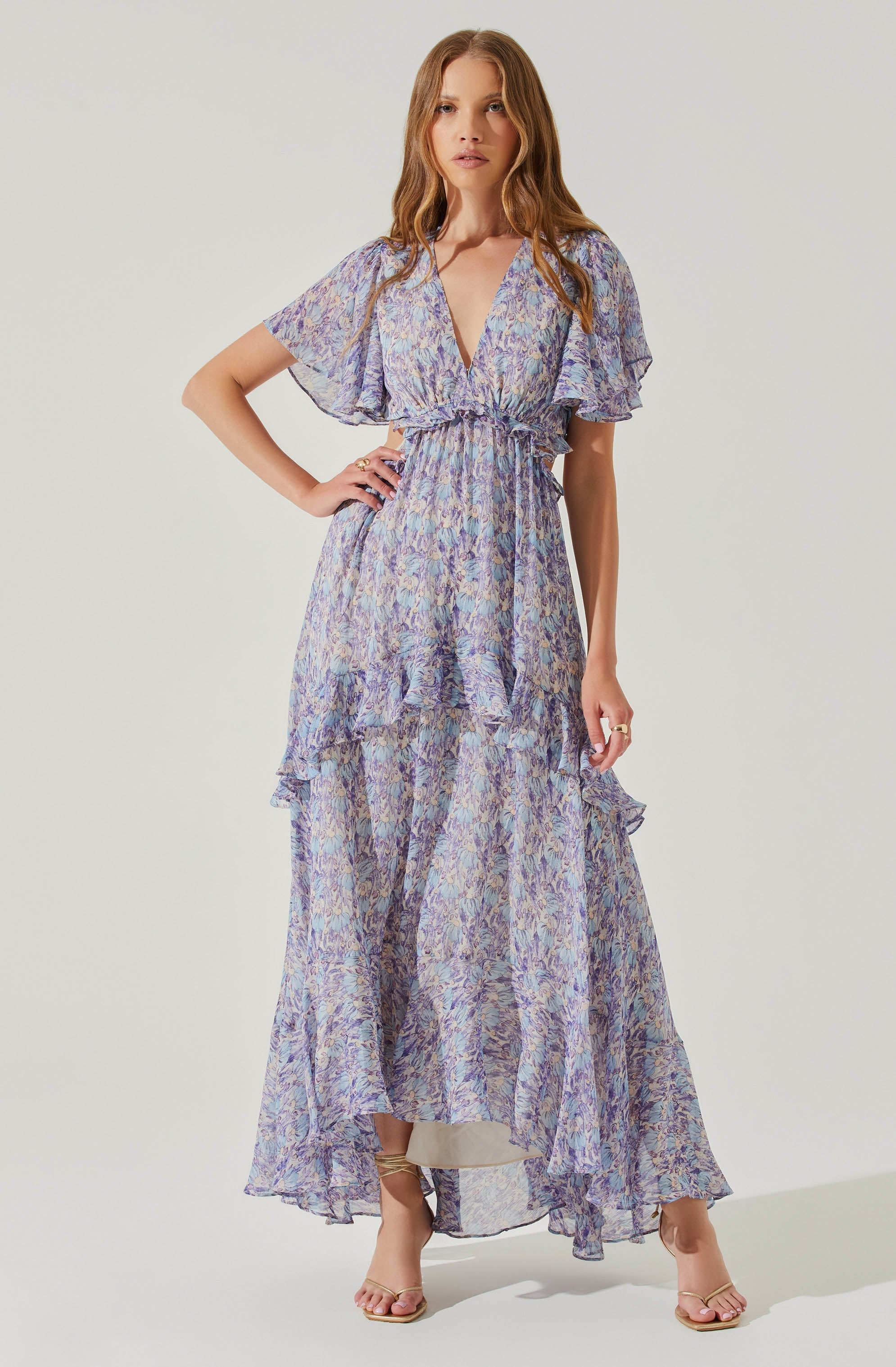 Cherli Floral Lace Up Tiered Ruffle Midi Dress-Aljck