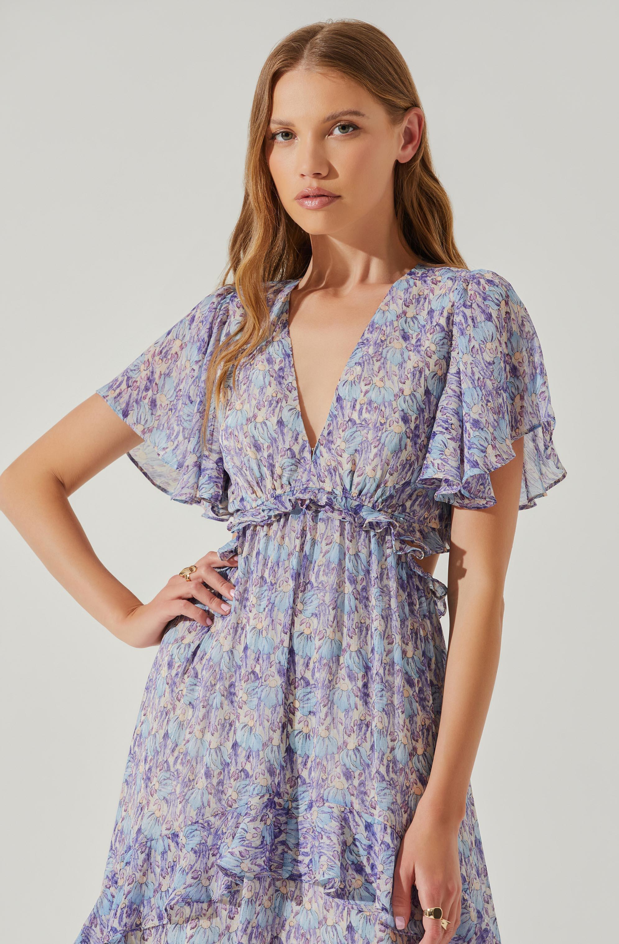 Cherli Floral Lace Up Tiered Ruffle Midi Dress-Aljck