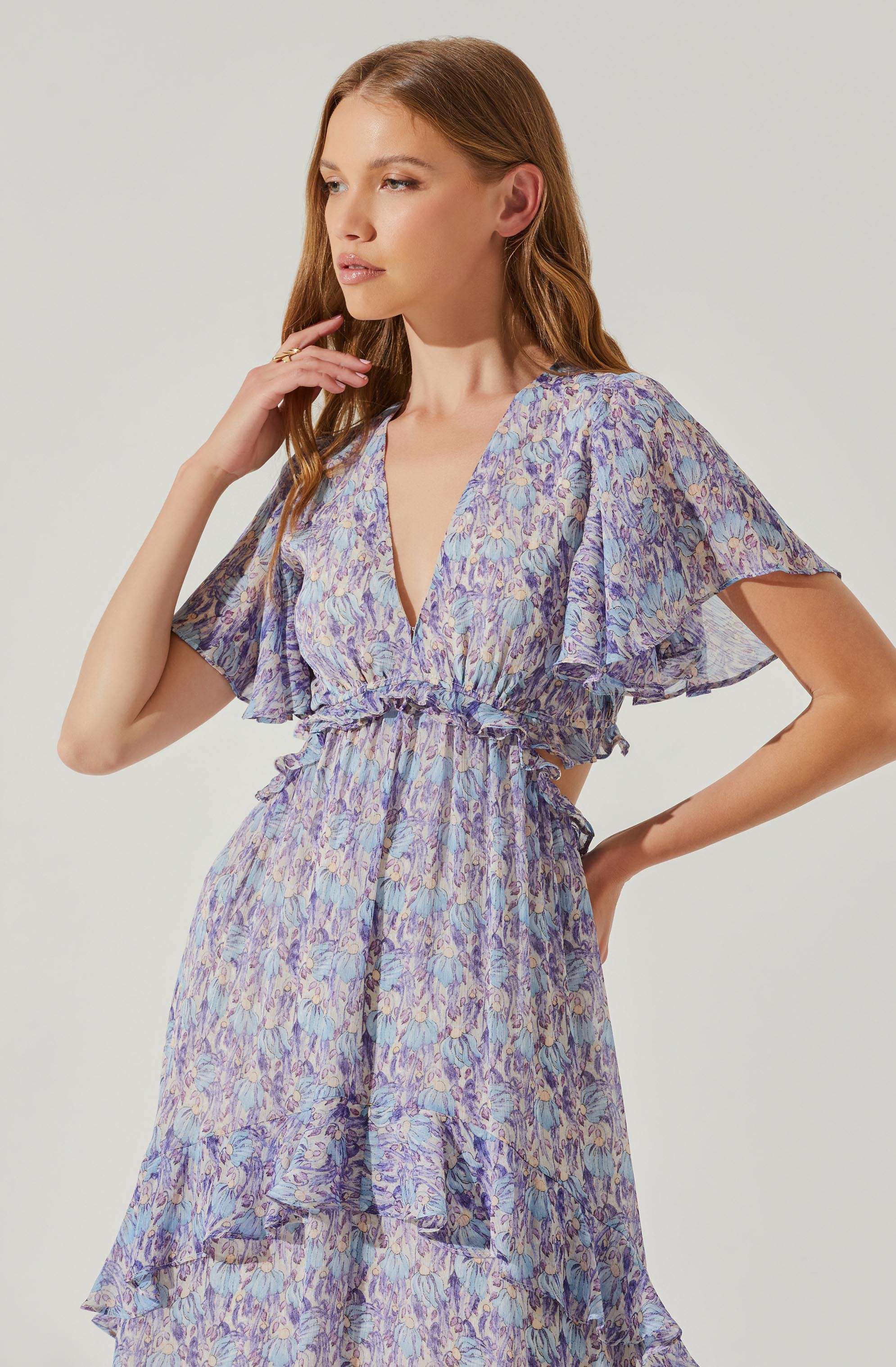 Cherli Floral Lace Up Tiered Ruffle Midi Dress-Aljck