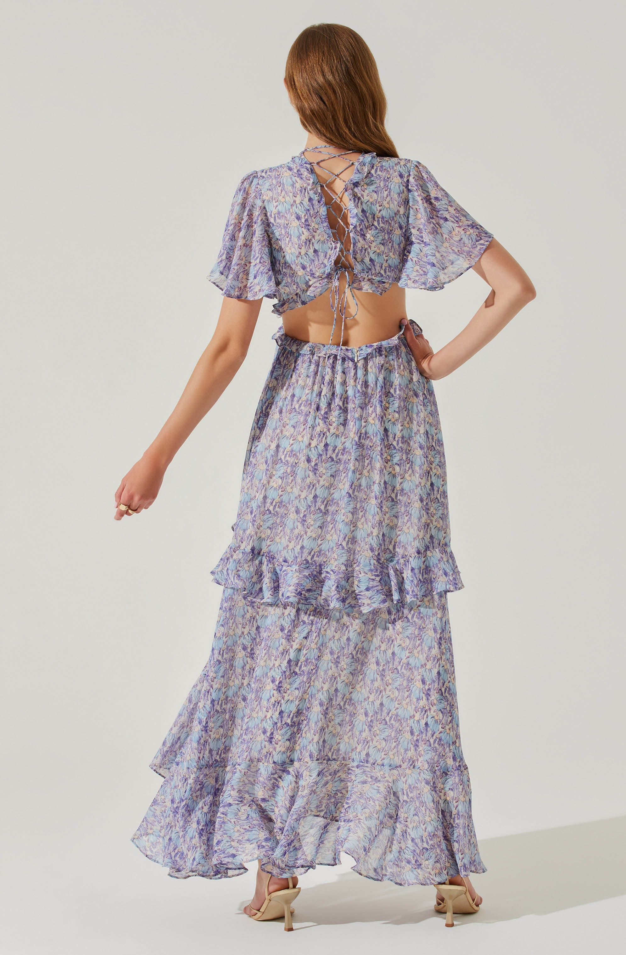 Cherli Floral Lace Up Tiered Ruffle Midi Dress-Aljck