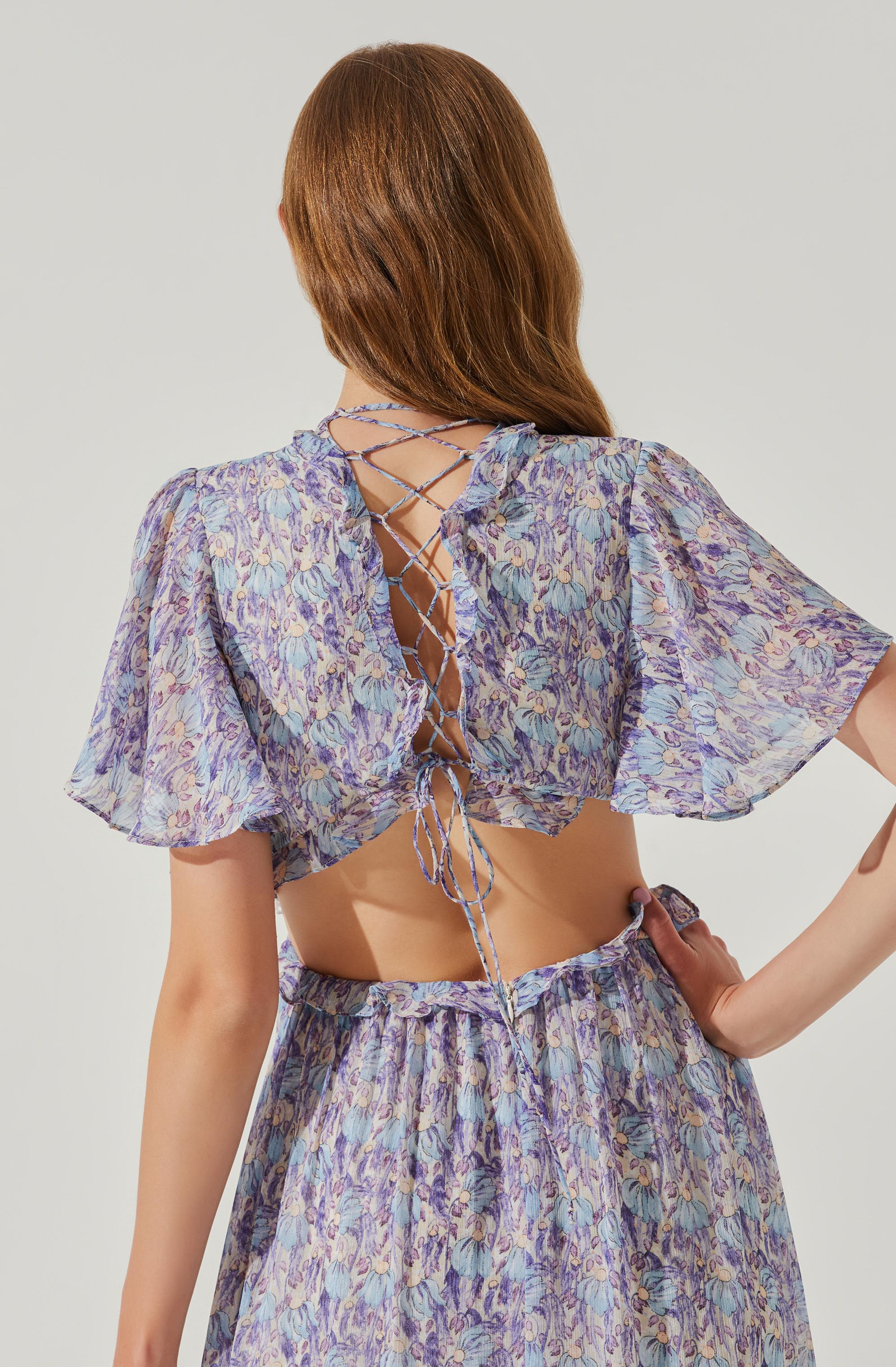 Cherli Floral Lace Up Tiered Ruffle Midi Dress-Aljck