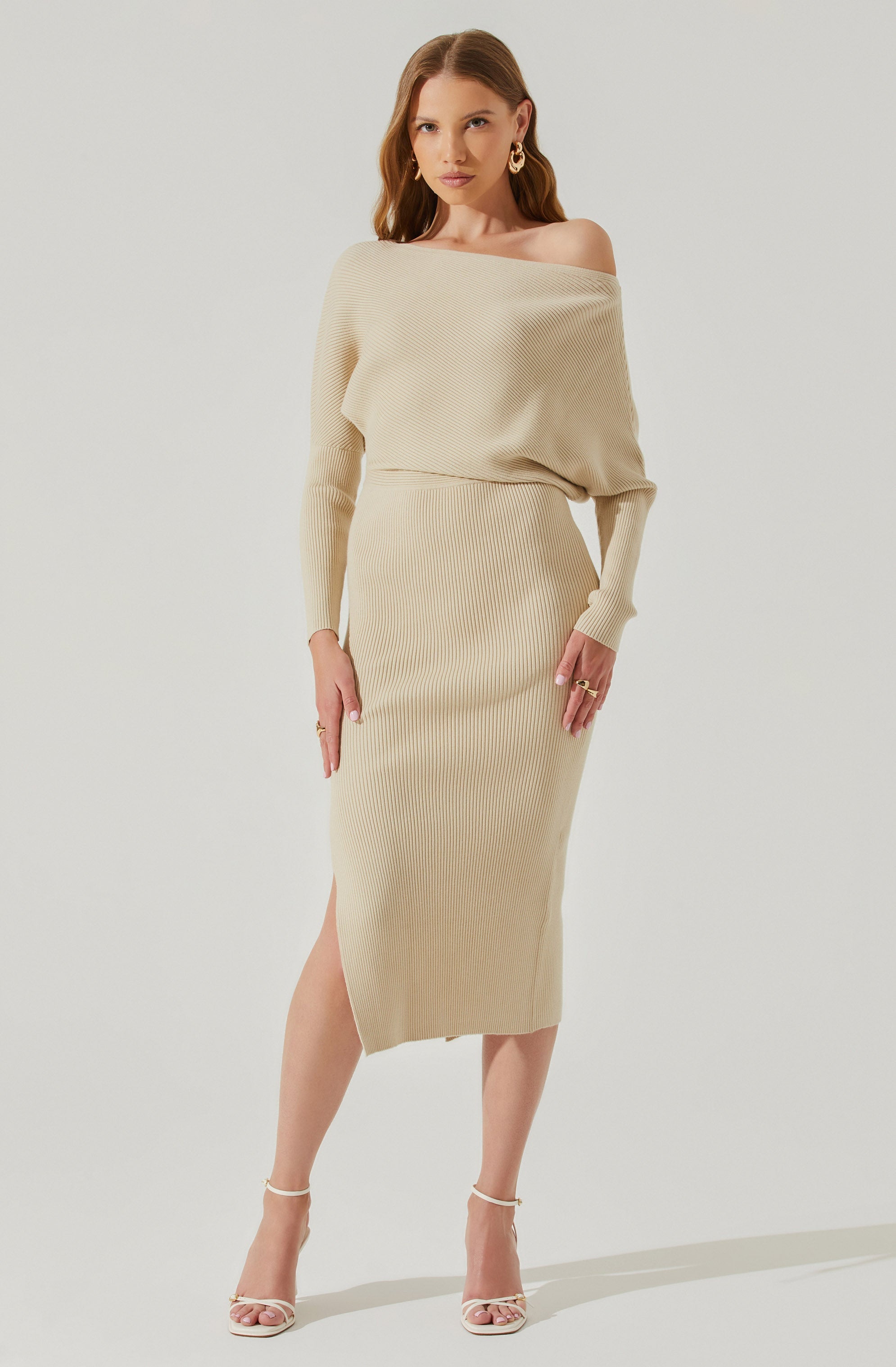 Caris Ribbed Off Shoulder Midi Sweater Dress-Aljck