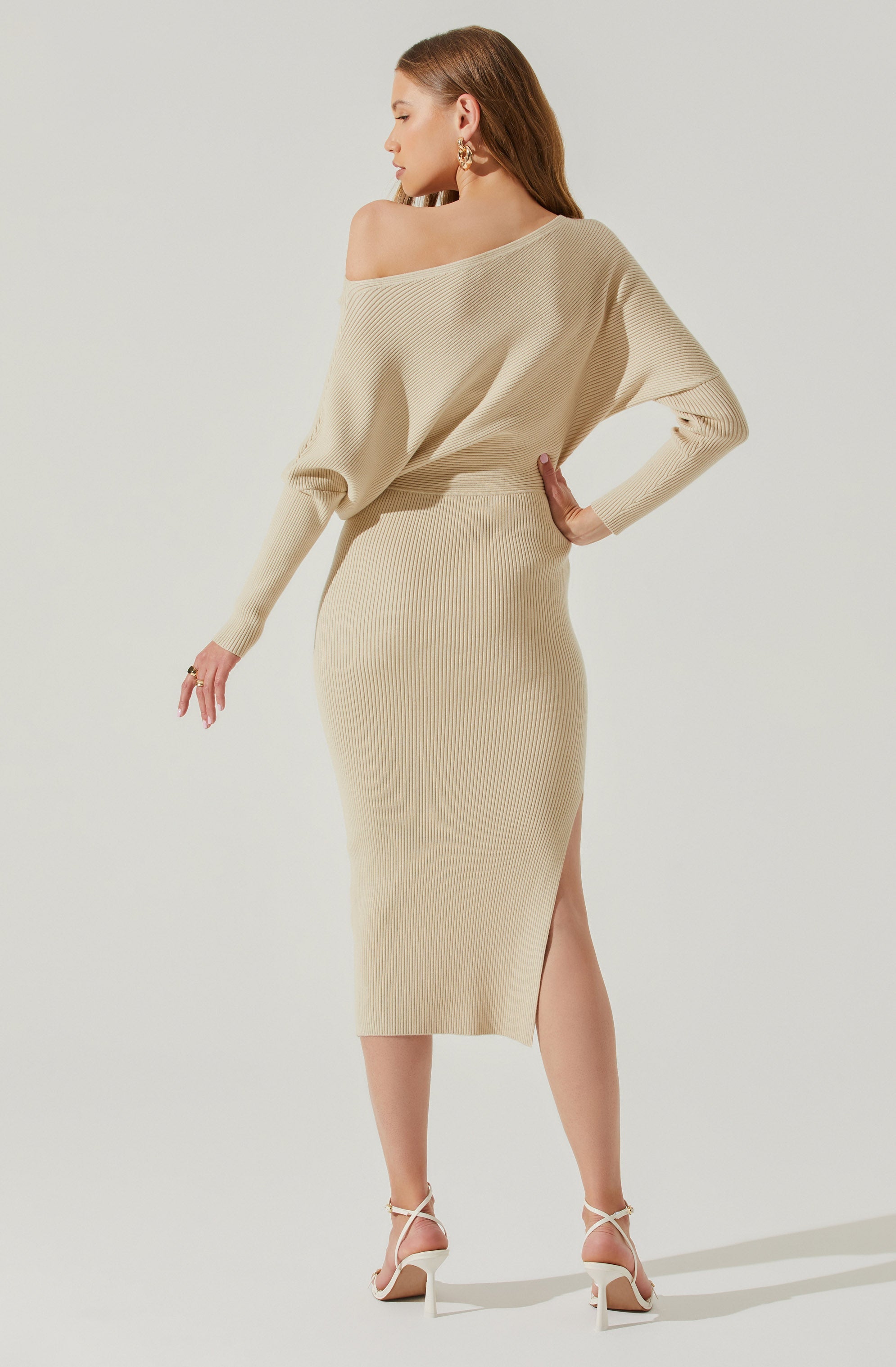 Caris Ribbed Off Shoulder Midi Sweater Dress-Aljck