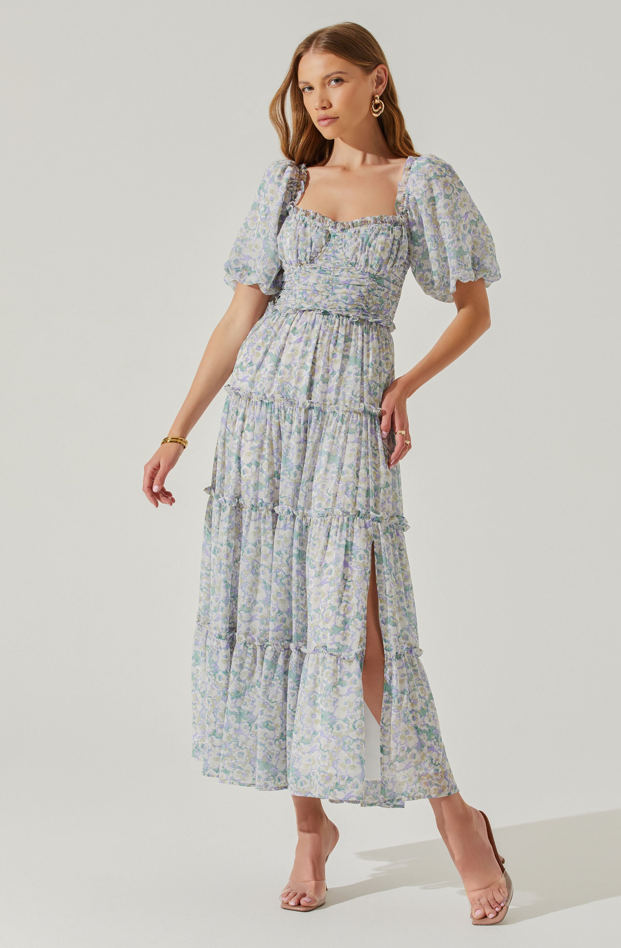 Prina Floral Puff Sleeve Tiered Midi Dress-Aljck