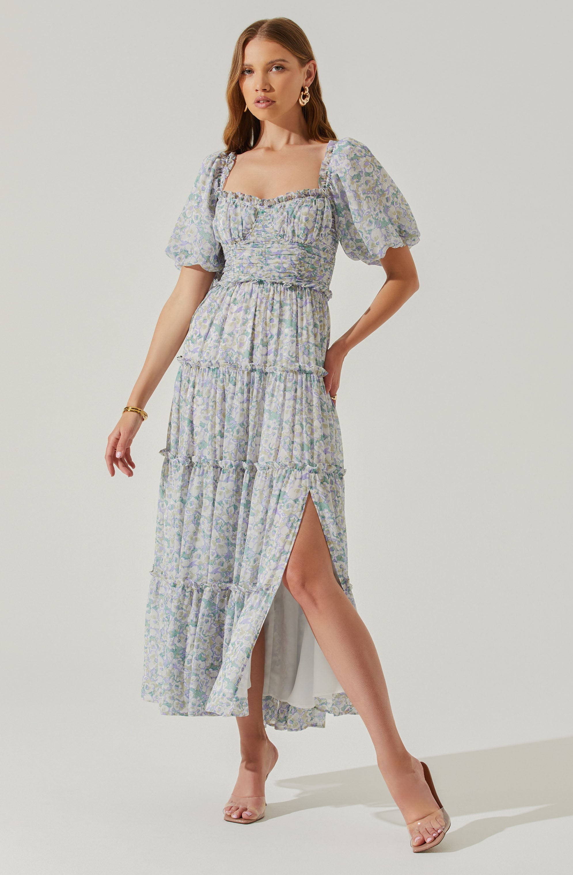 Prina Floral Puff Sleeve Tiered Midi Dress-Aljck