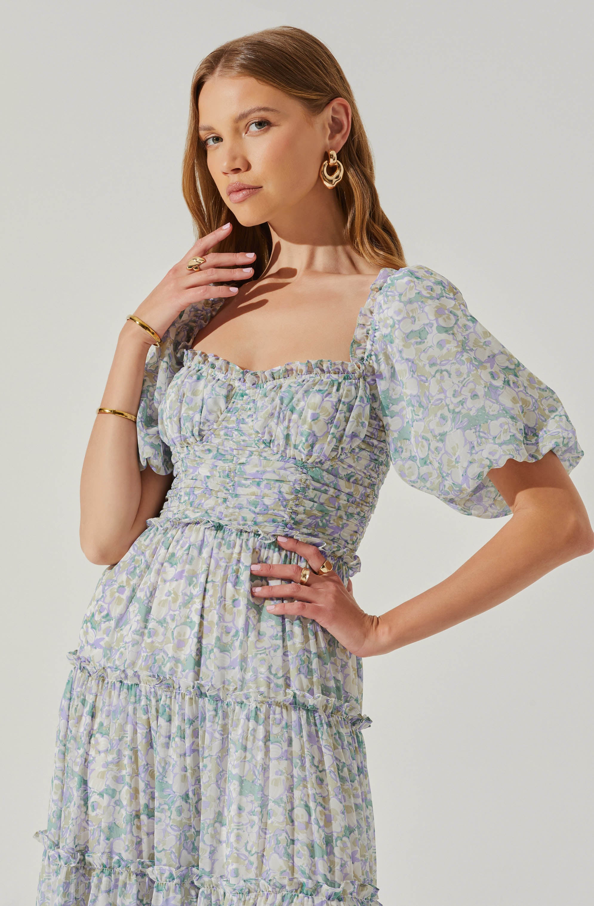 Prina Floral Puff Sleeve Tiered Midi Dress-Aljck