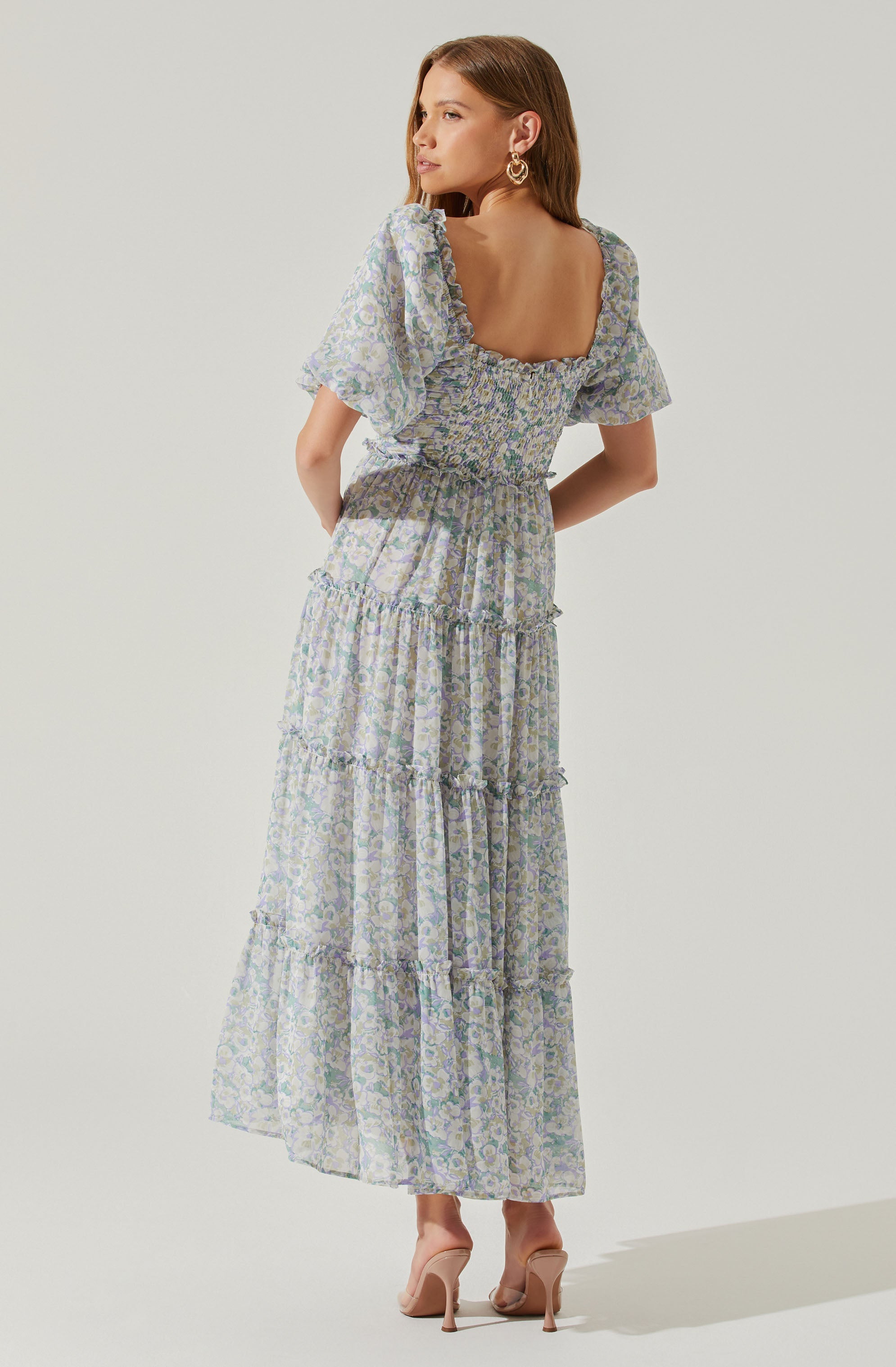 Prina Floral Puff Sleeve Tiered Midi Dress-Aljck